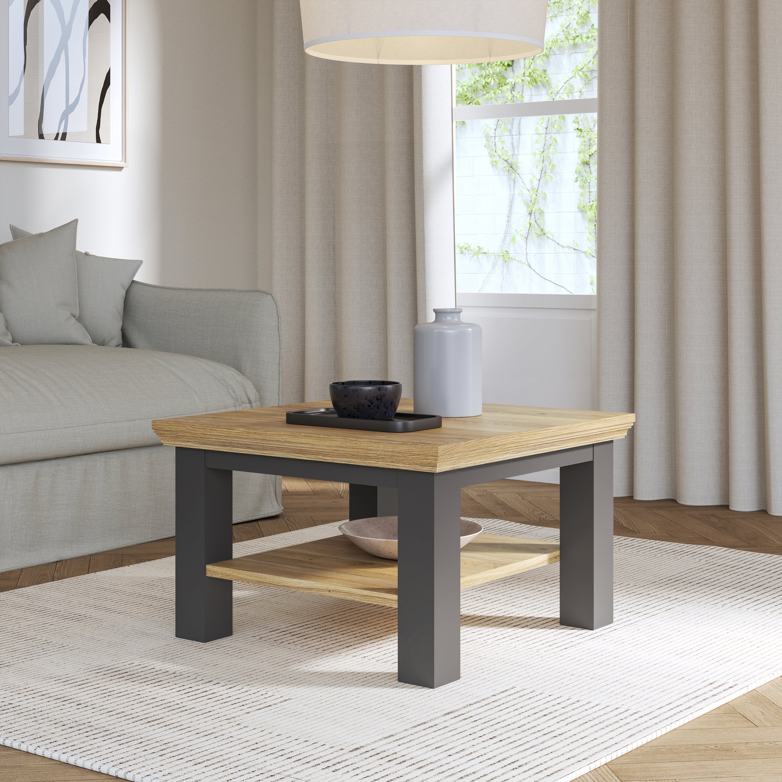 Pontypool Small Coffee Table with Shelf in Wolfram Grey and Mauvella Oak
