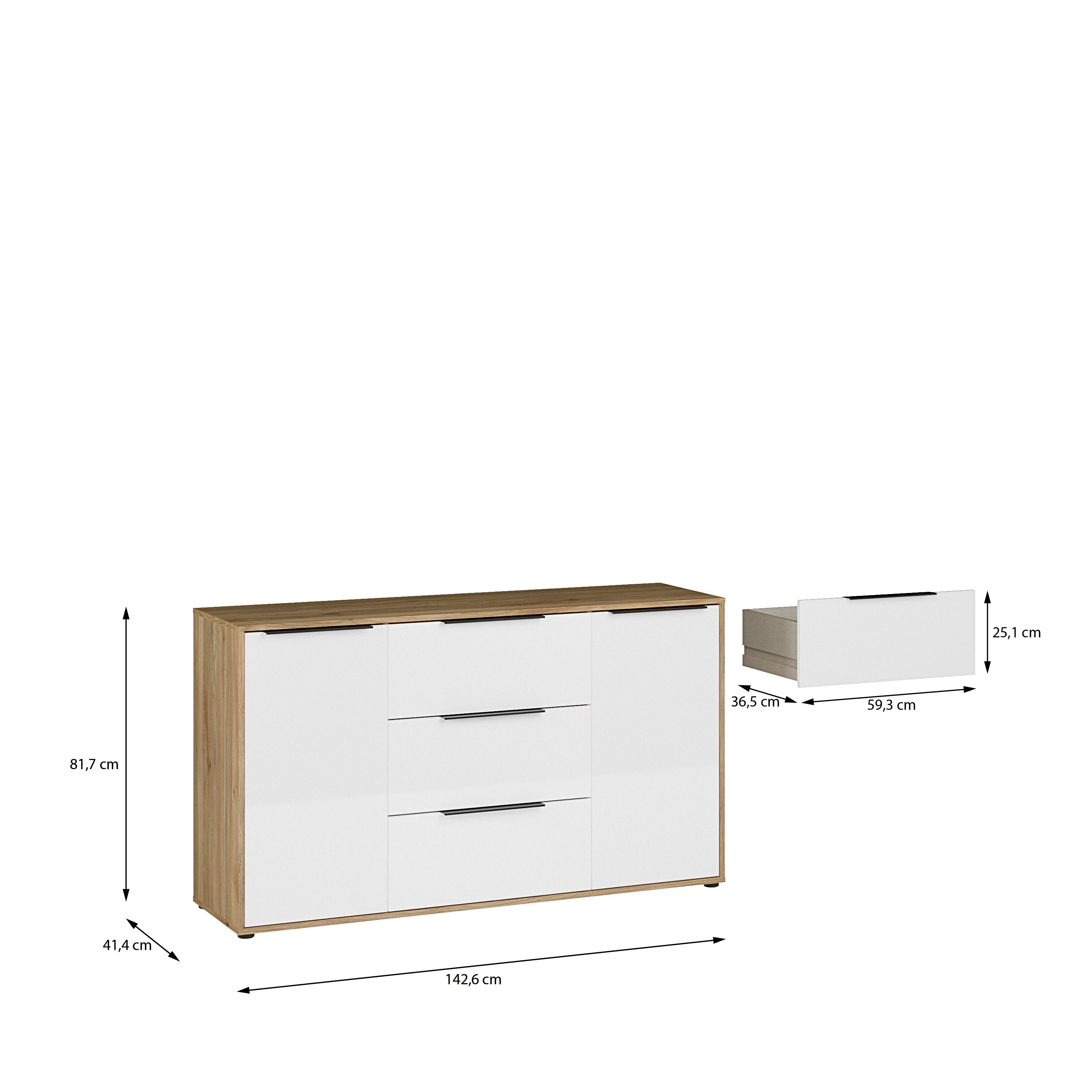 Orkney 3 Drawer Sideboard with 2 Doors in Mauvella Oak and White Gloss