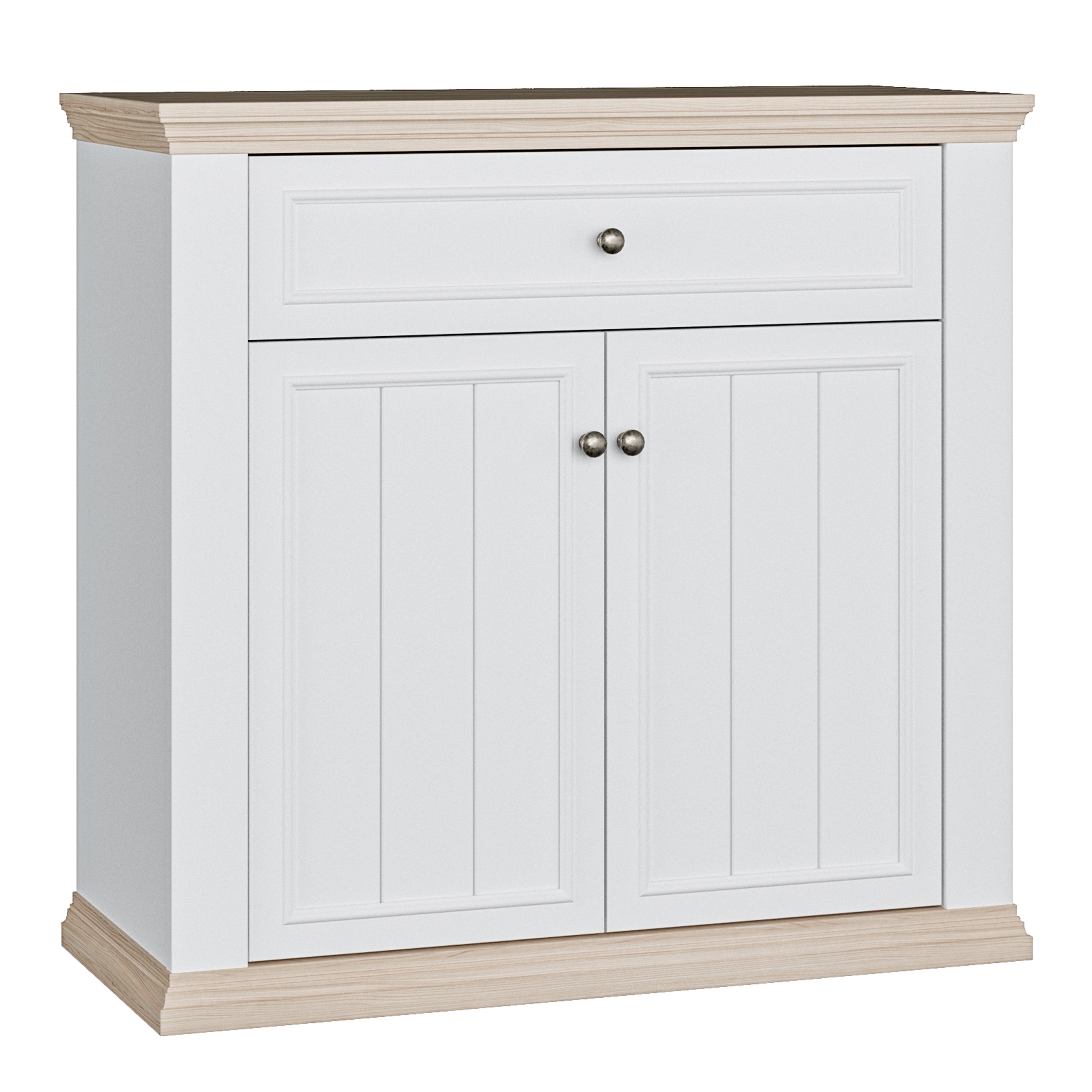 Pontypool 2 Door 1 Drawer Small Sideboard in White and Riva Oak