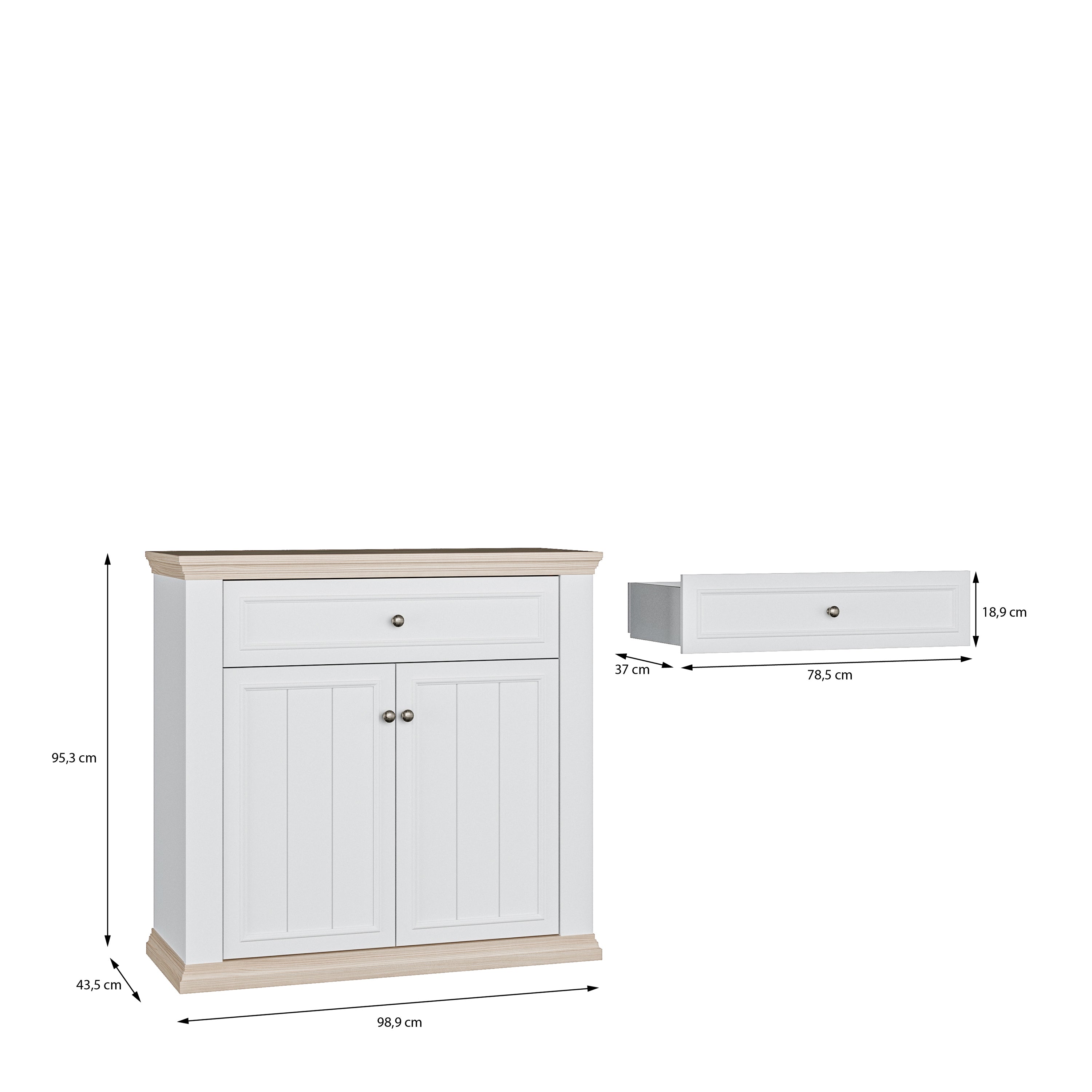 Pontypool 2 Door 1 Drawer Small Sideboard in White and Riva Oak