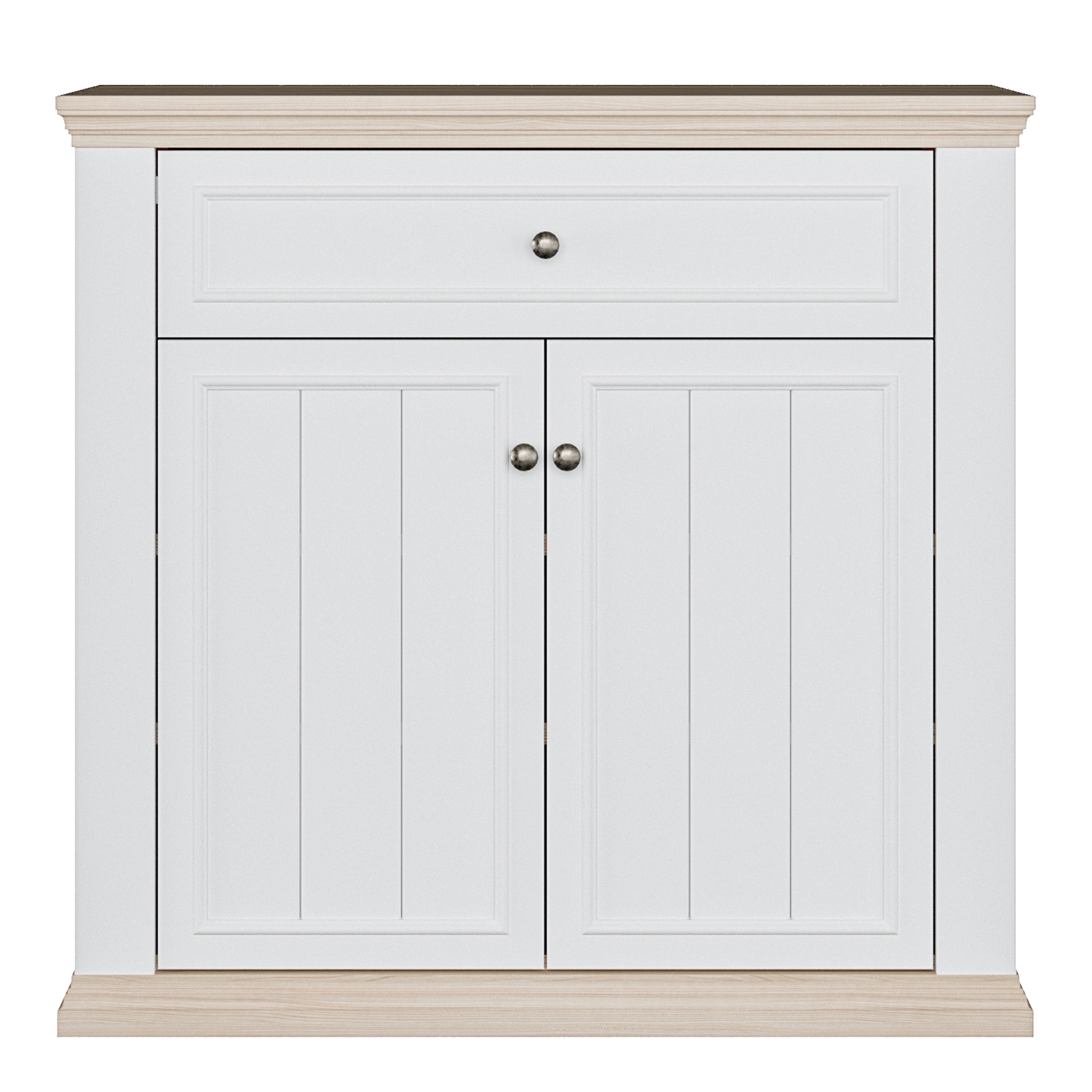 Pontypool 2 Door 1 Drawer Small Sideboard in White and Riva Oak