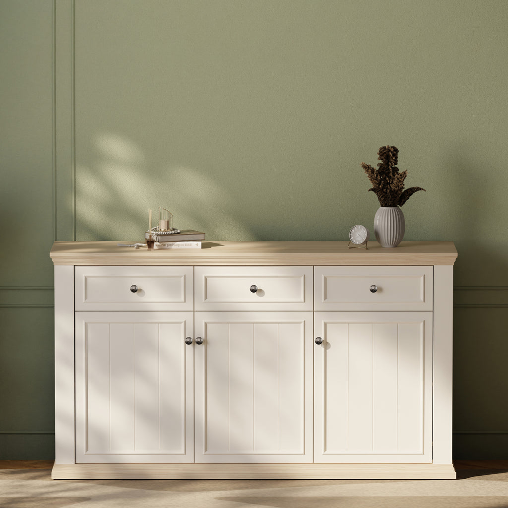 Pontypool 3 Drawer & 3 Door Sideboard in White and Riva Oak