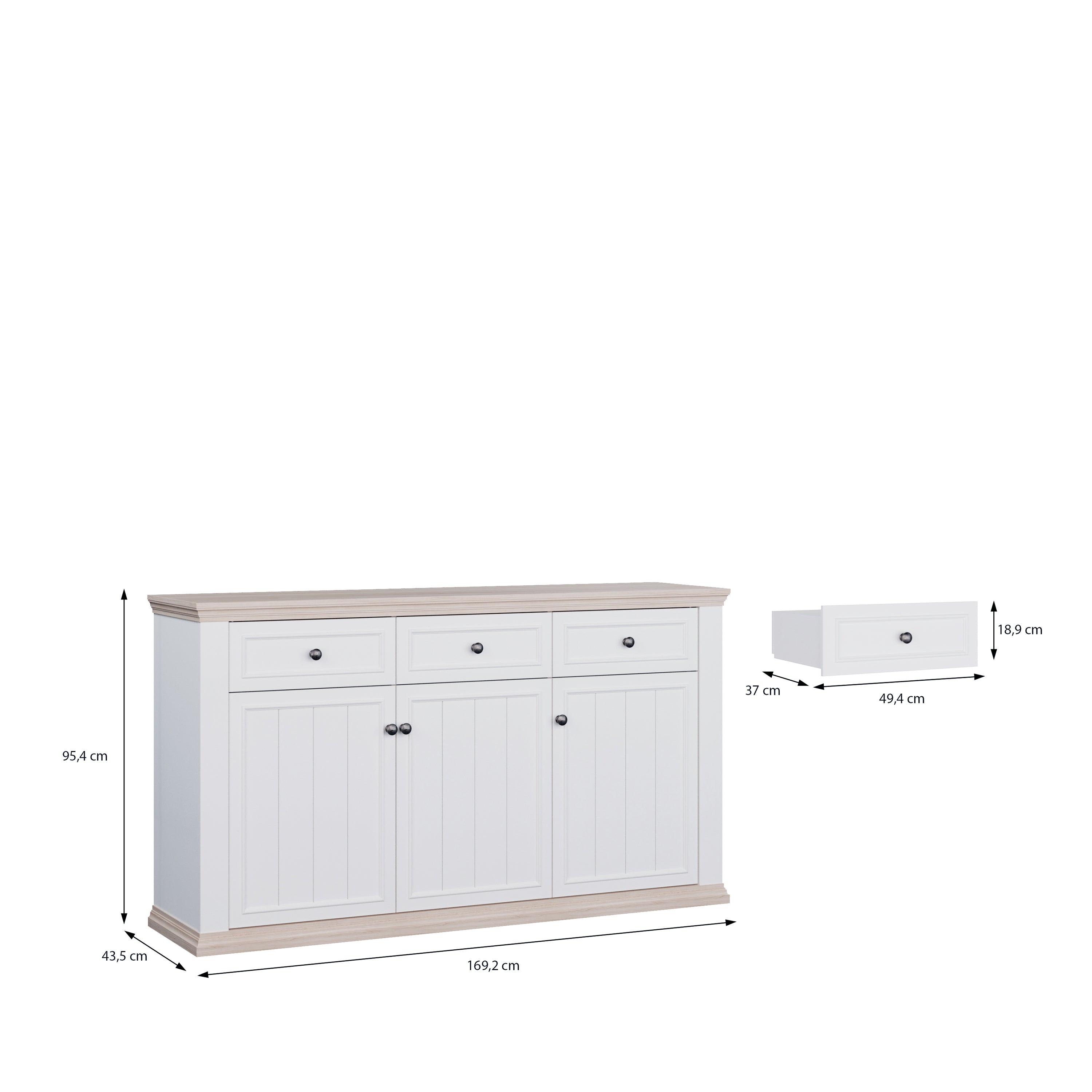 Pontypool 3 Drawer & 3 Door Sideboard in White and Riva Oak