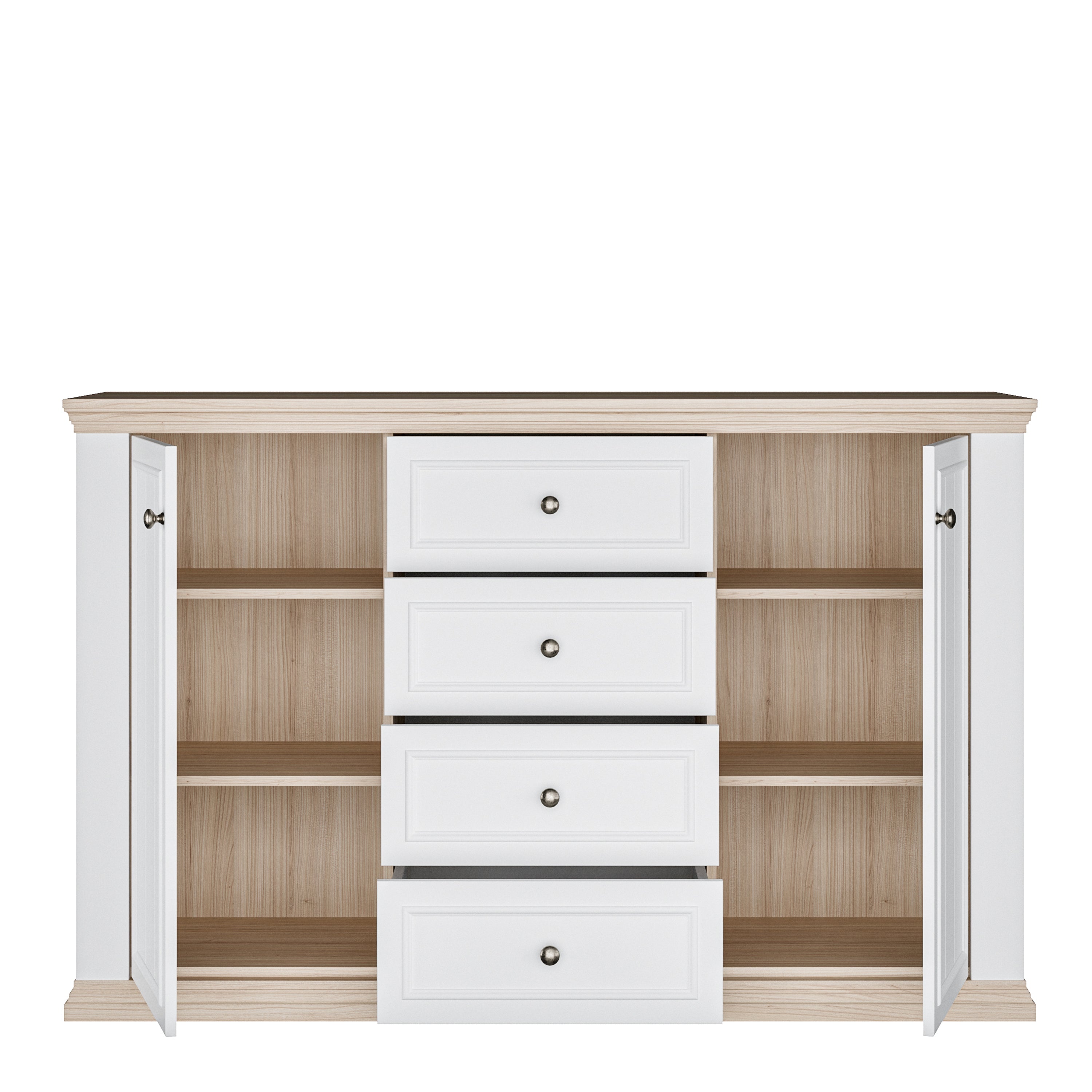 Pontypool 4 Drawer & 2 Door Sideboard in White and Riva Oak