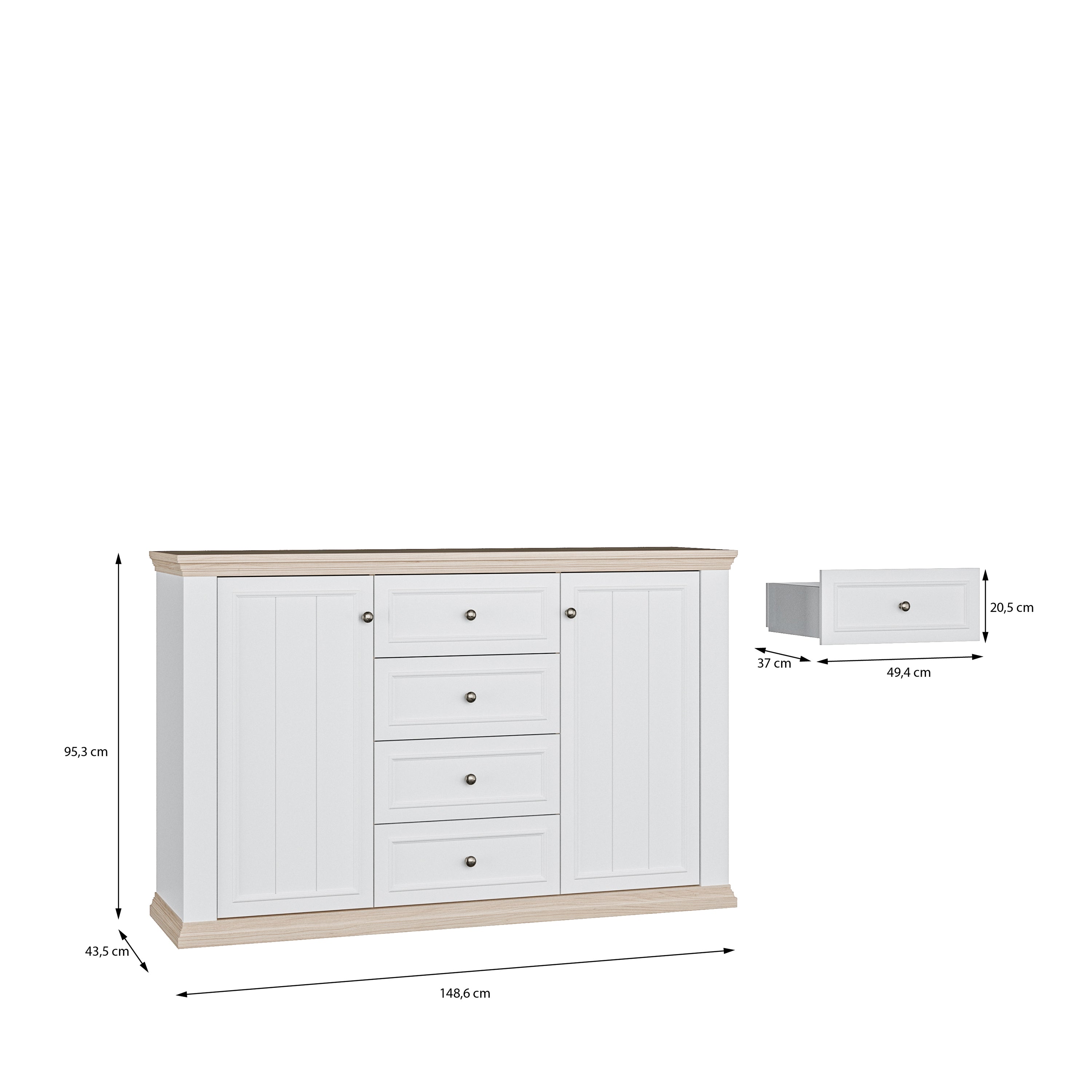 Pontypool 4 Drawer & 2 Door Sideboard in White and Riva Oak