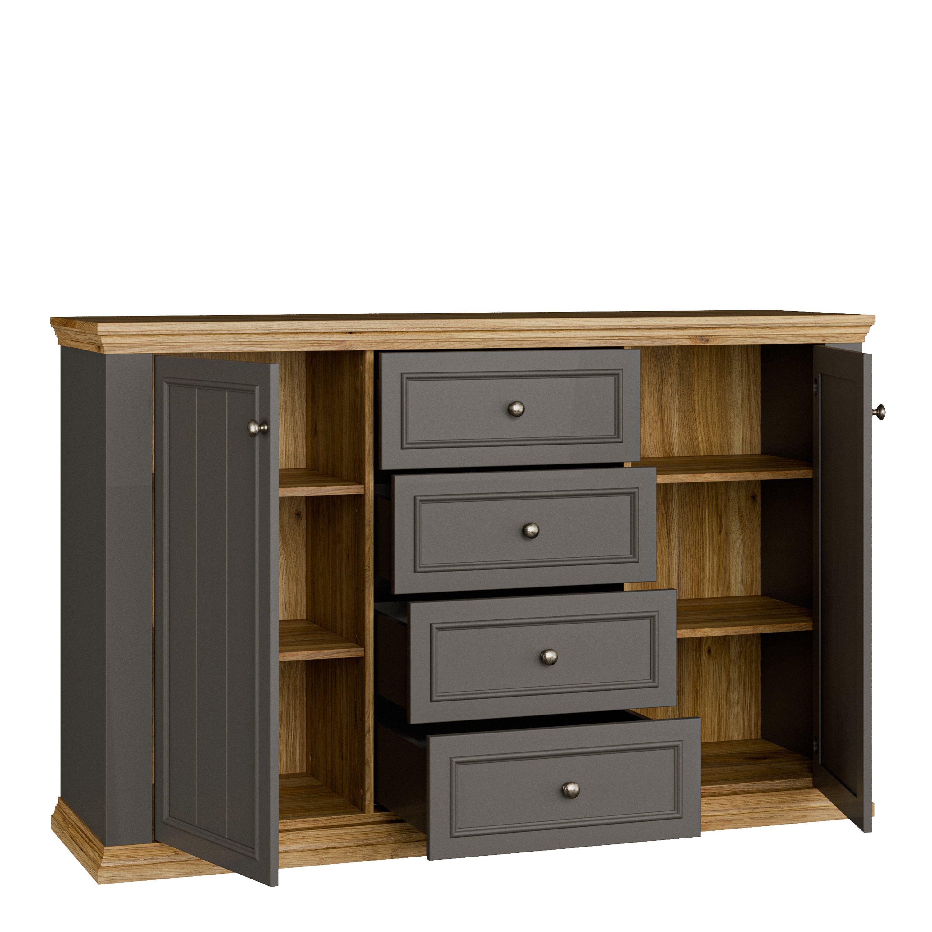 Pontypool 4 Drawer & 2-Door Sideboard in Grey and Mauvella Oak