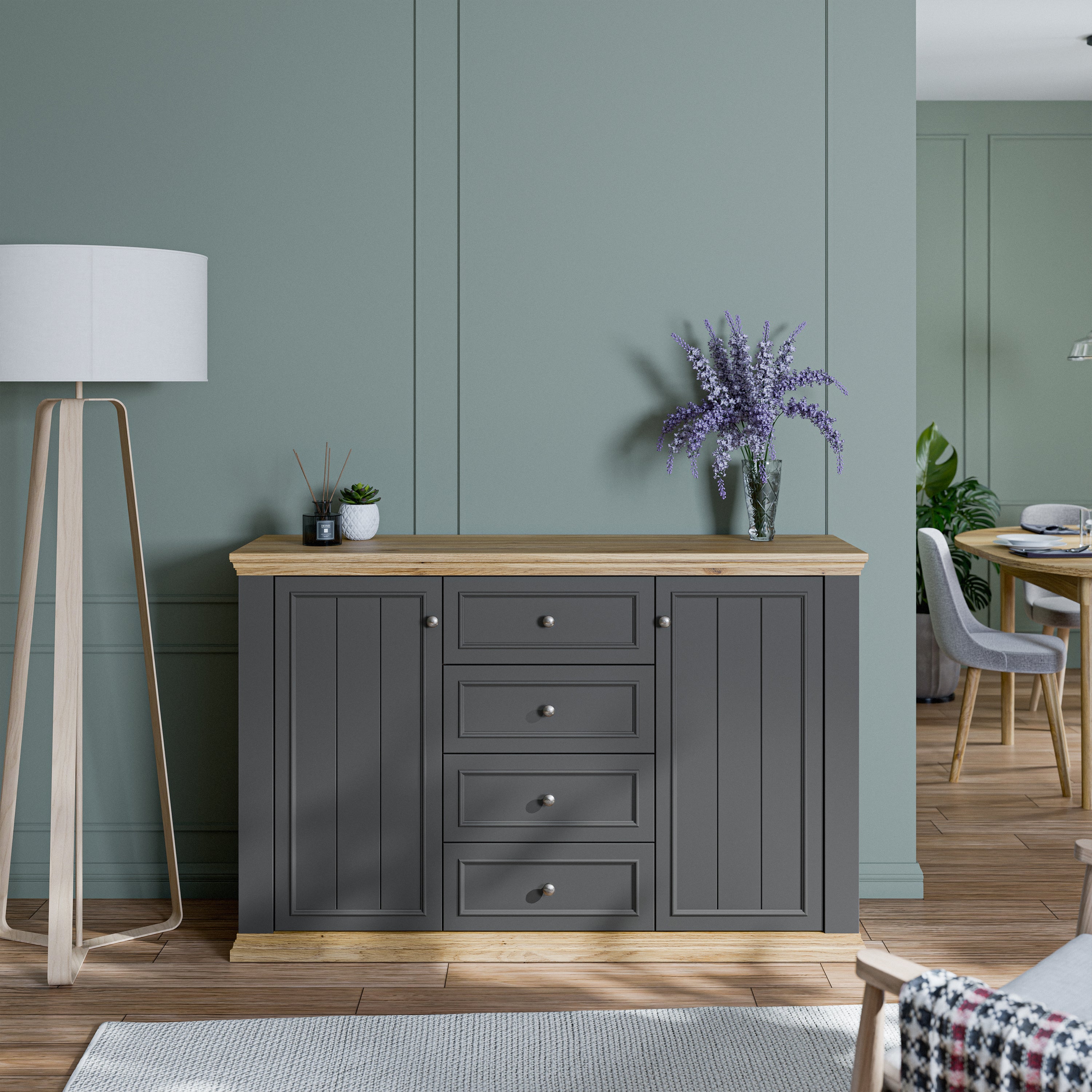 Pontypool 4 Drawer & 2-Door Sideboard in Grey and Mauvella Oak