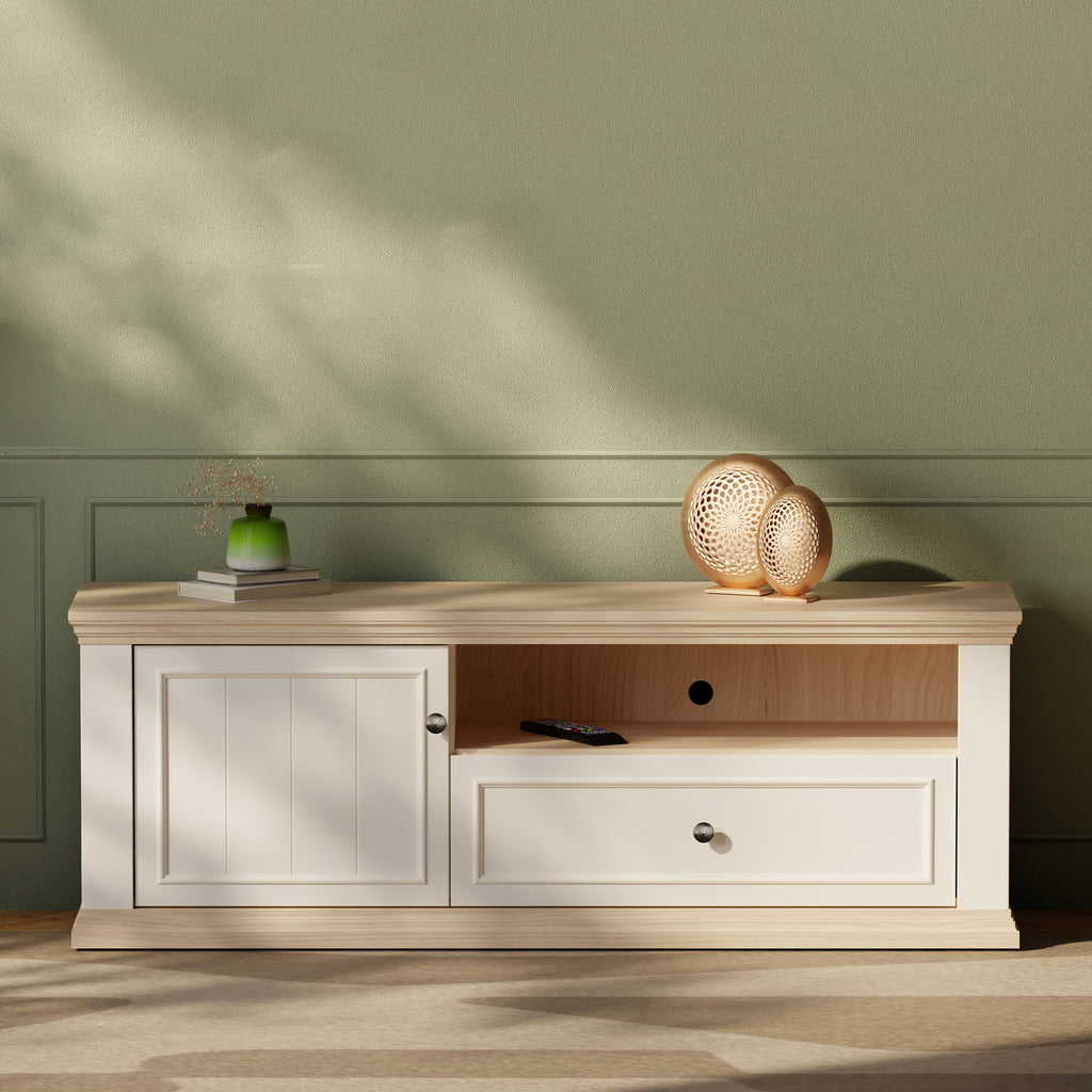 Pontypool TV Unit with Drawer & Open Shelf in White and Riva Oak