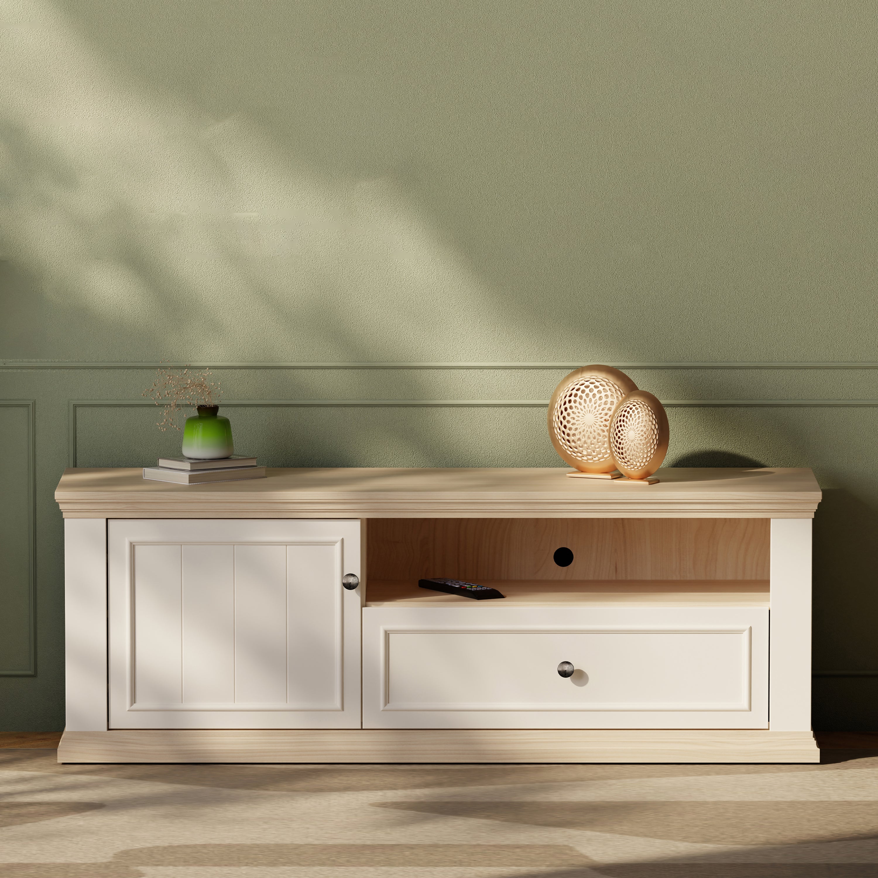 Pontypool TV Unit with Drawer & Open Shelf in White and Riva Oak