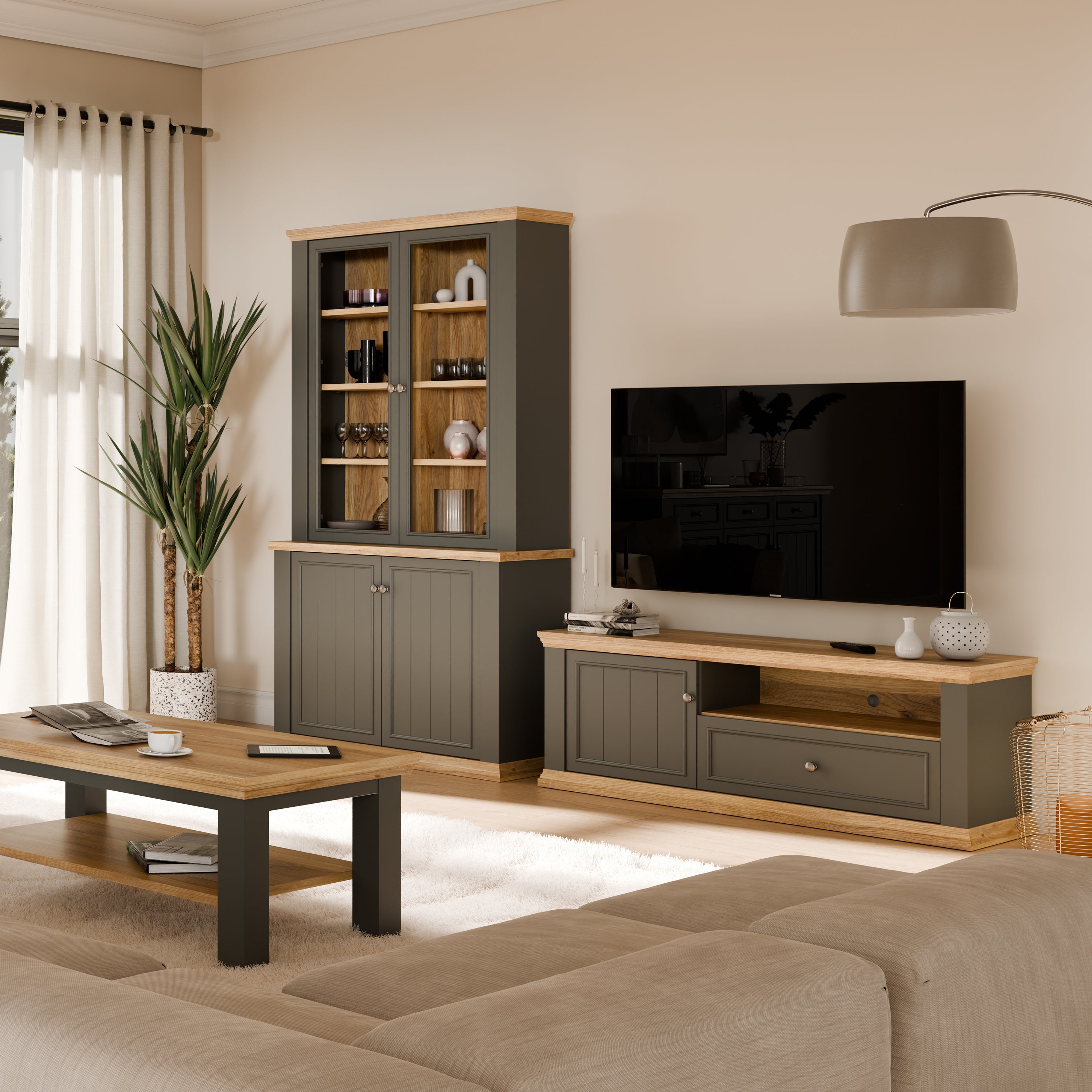 Pontypool TV Unit with Drawer & Open Shelf in Grey and Mauvella Oak