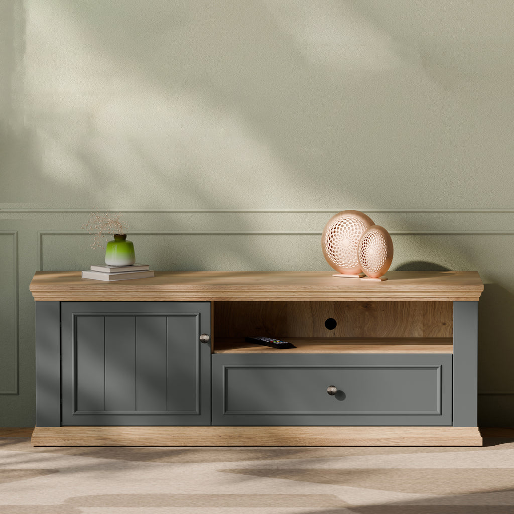 Pontypool TV Unit with Drawer & Open Shelf in Grey and Mauvella Oak
