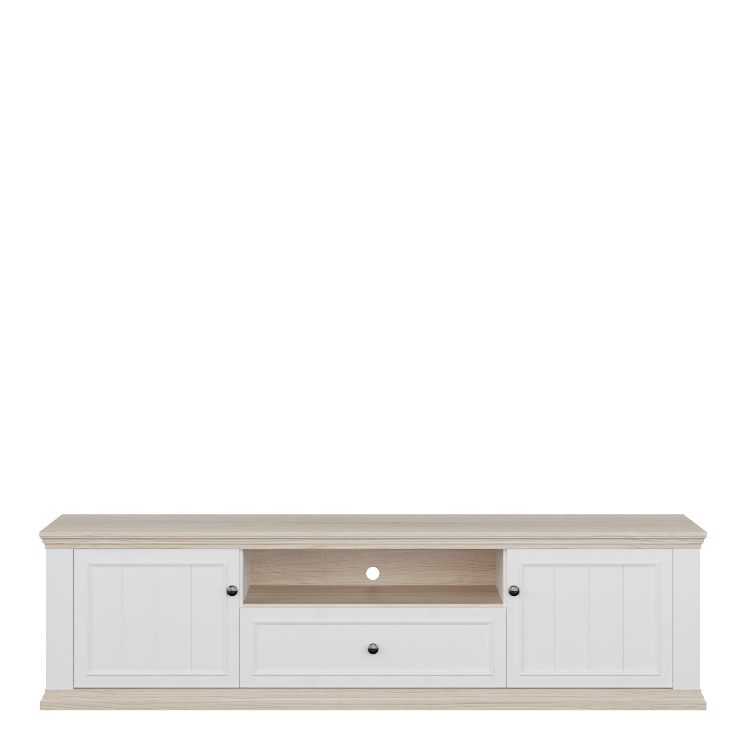 Pontypool Wide TV Unit with 2 Doors, Drawer & Open Shelf in White and Riva Oak