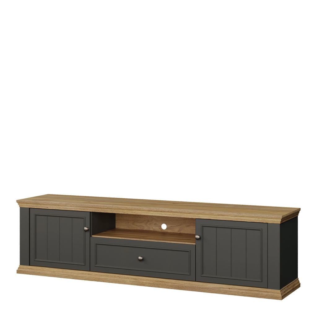 Pontypool Wide TV Unit with 2 Doors, Drawer & Open Shelf in Grey and Mauvella Oak