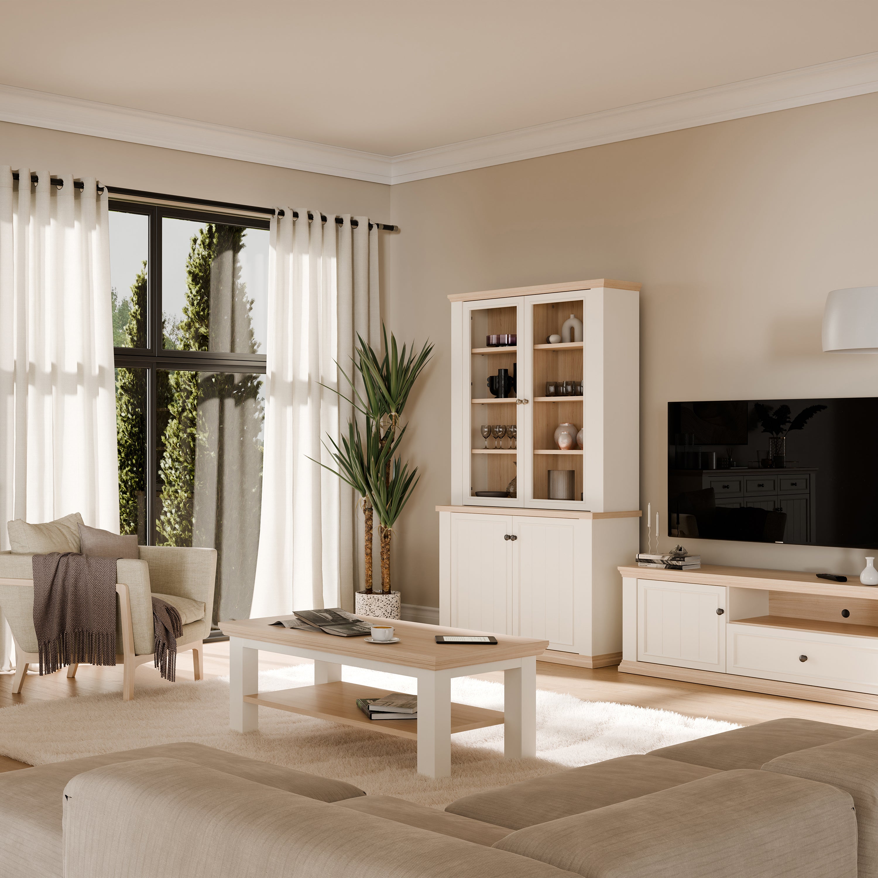 Pontypool 4 Door Display Cabinet in White and Riva Oak