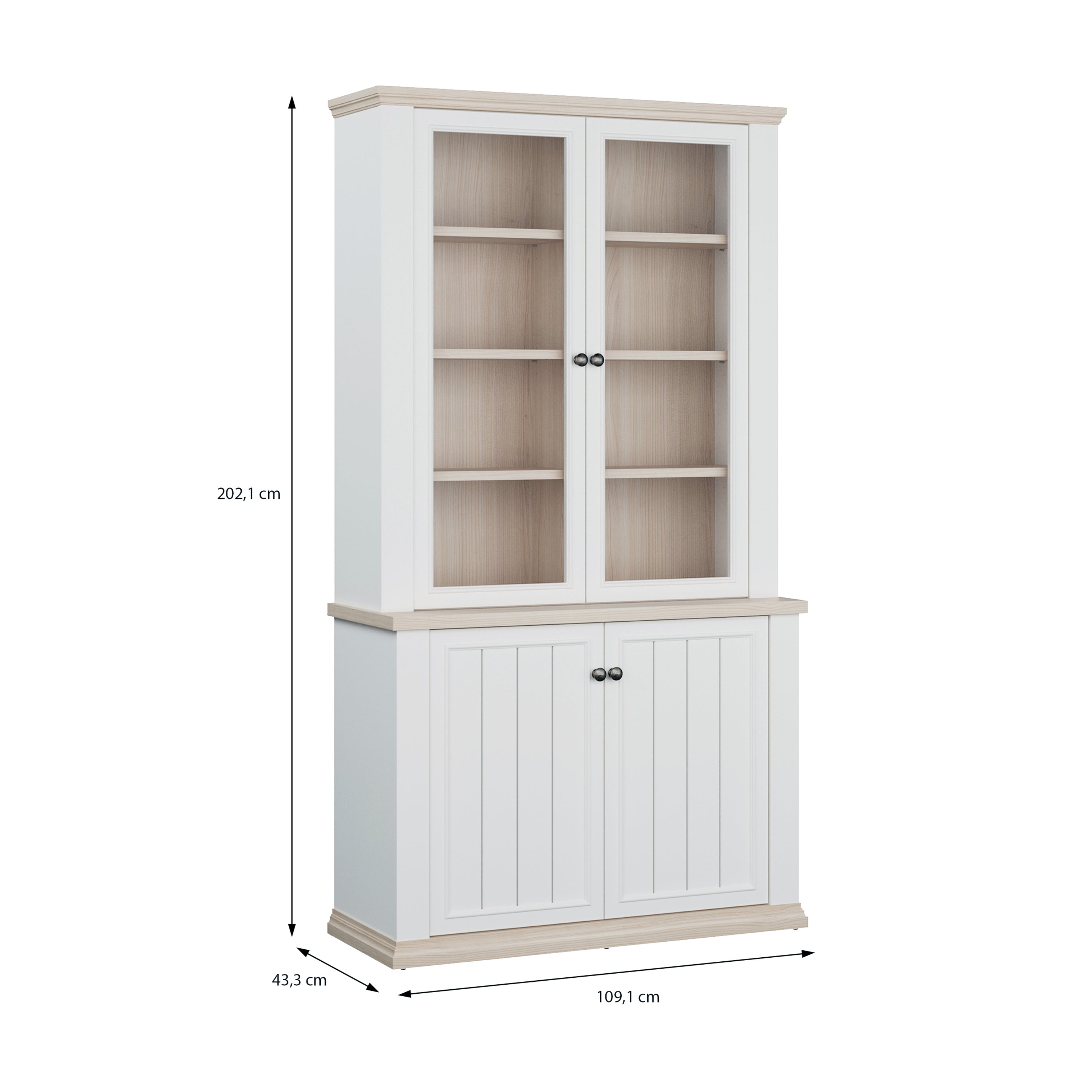 Pontypool 4 Door Display Cabinet in White and Riva Oak