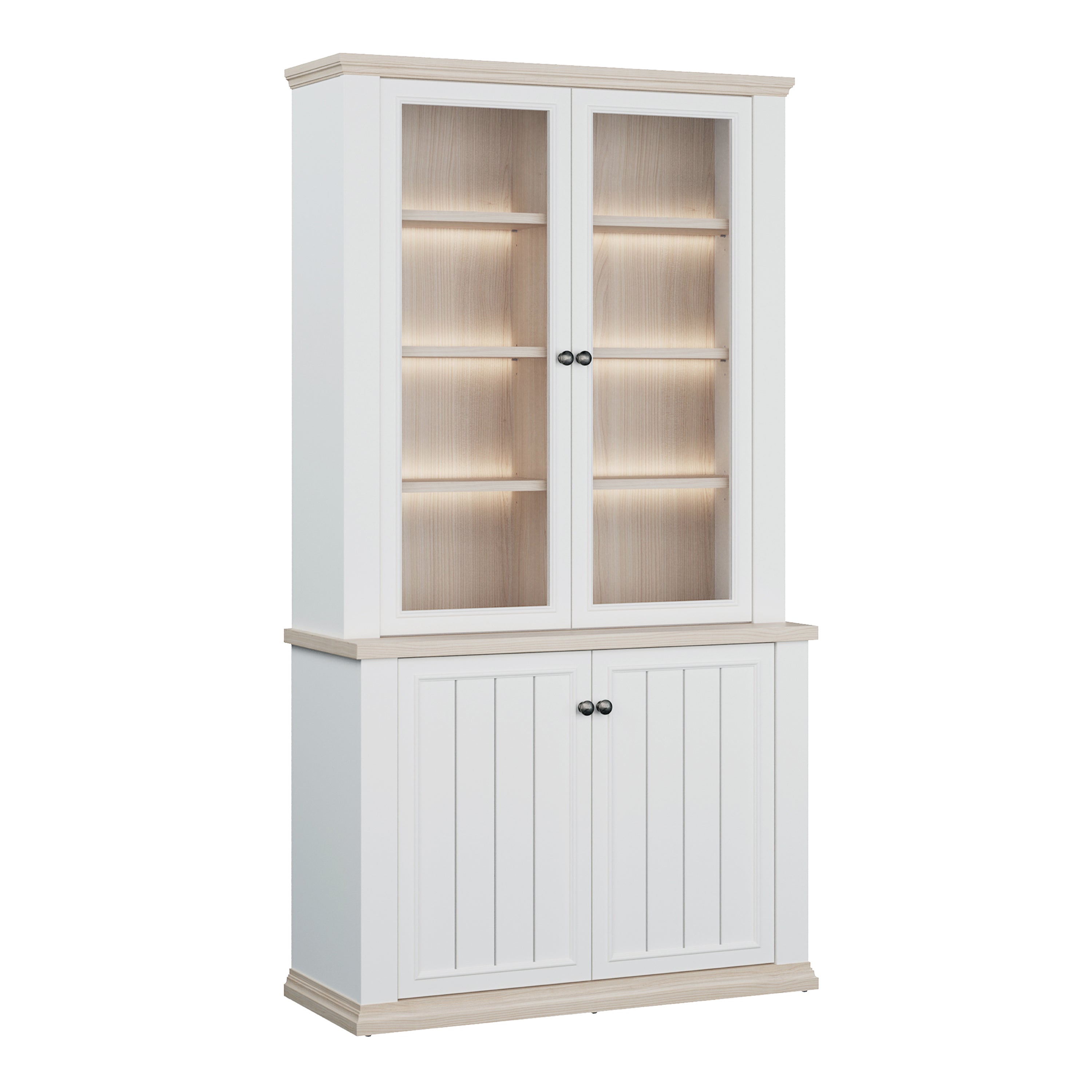 Pontypool 4 Door Display Cabinet in White and Riva Oak