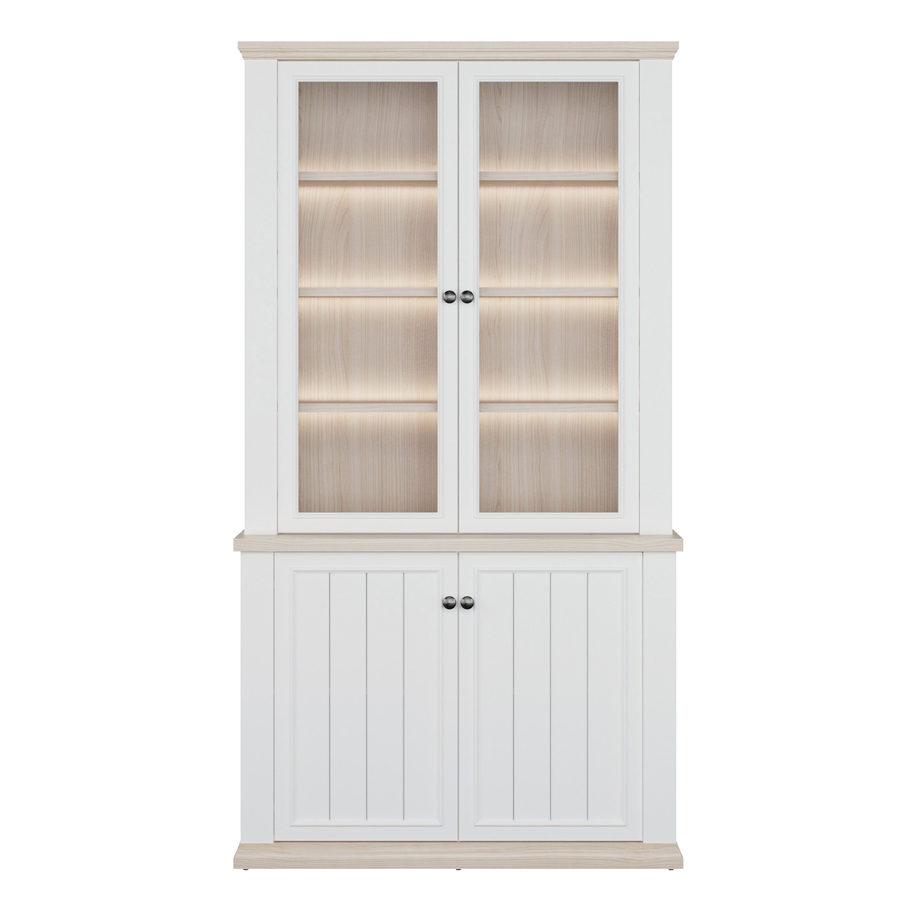 Pontypool 4 Door Display Cabinet in White and Riva Oak