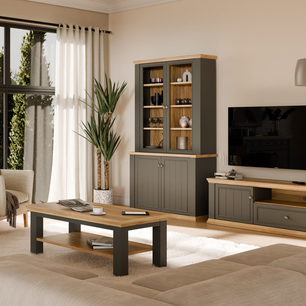 Pontypool 4 Door Display Cabinet in Grey and Mauvella Oak