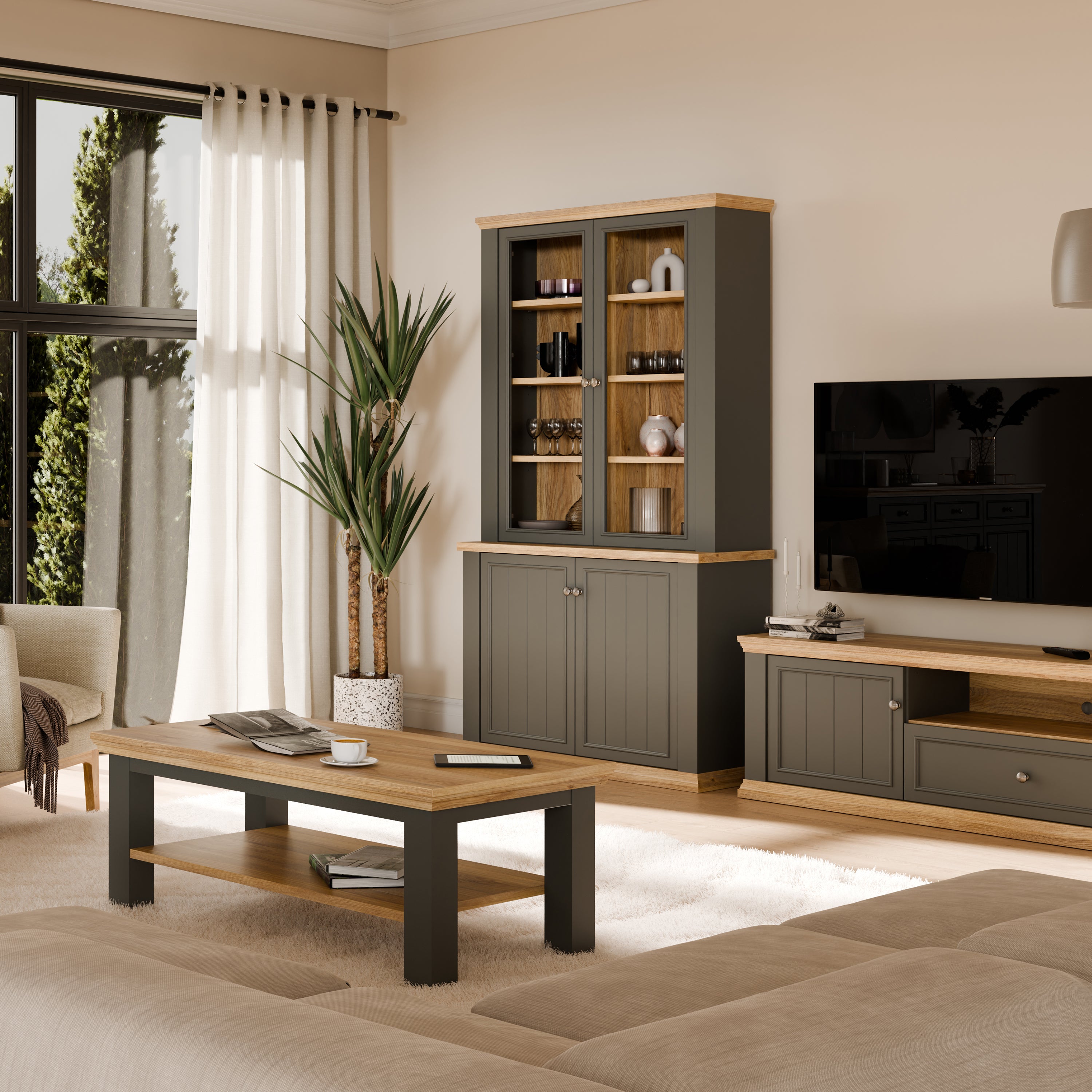 Pontypool 4 Door Display Cabinet in Grey and Mauvella Oak