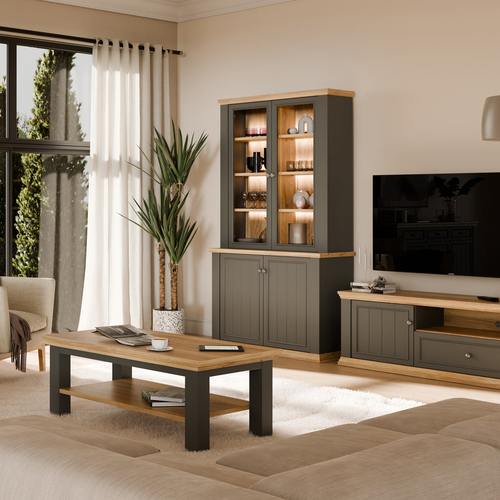 Pontypool 4 Door Display Cabinet in Grey and Mauvella Oak