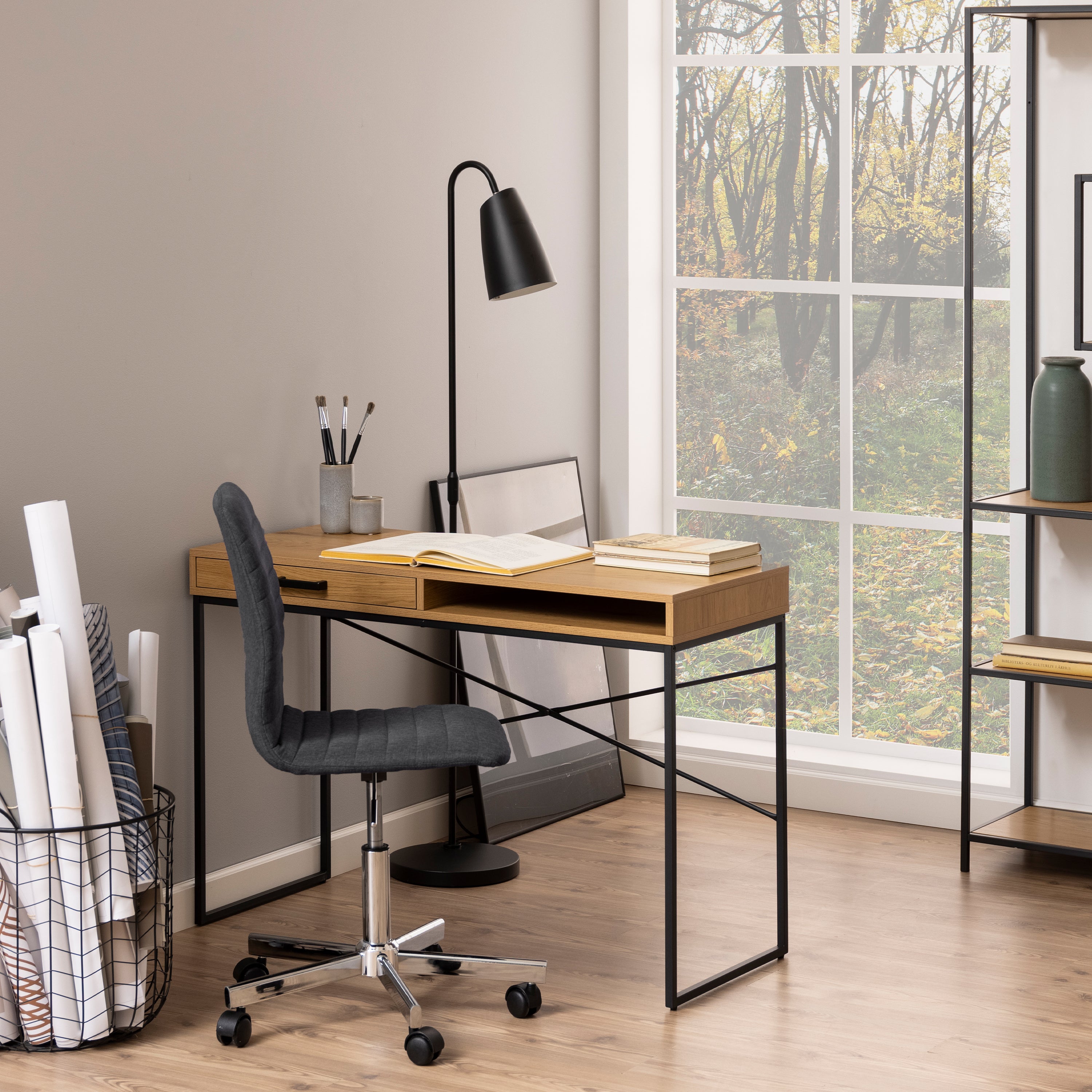 Seaford Wide Grey Steel Bookcase With 4 Grey Melamine Shelves