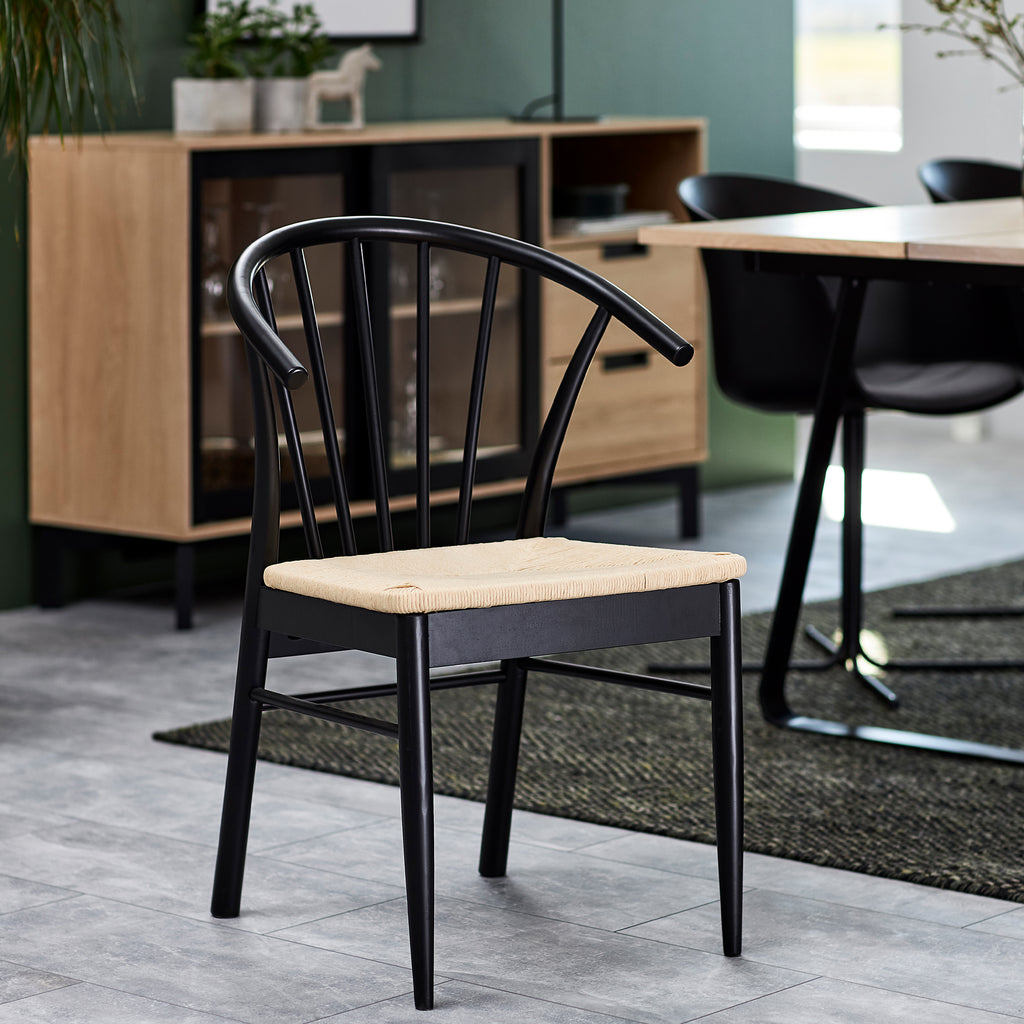 Montreux Round Extending Dining Table in Black 115-154cm includes 6 Cassandra Dining Chairs with Armrest in Black