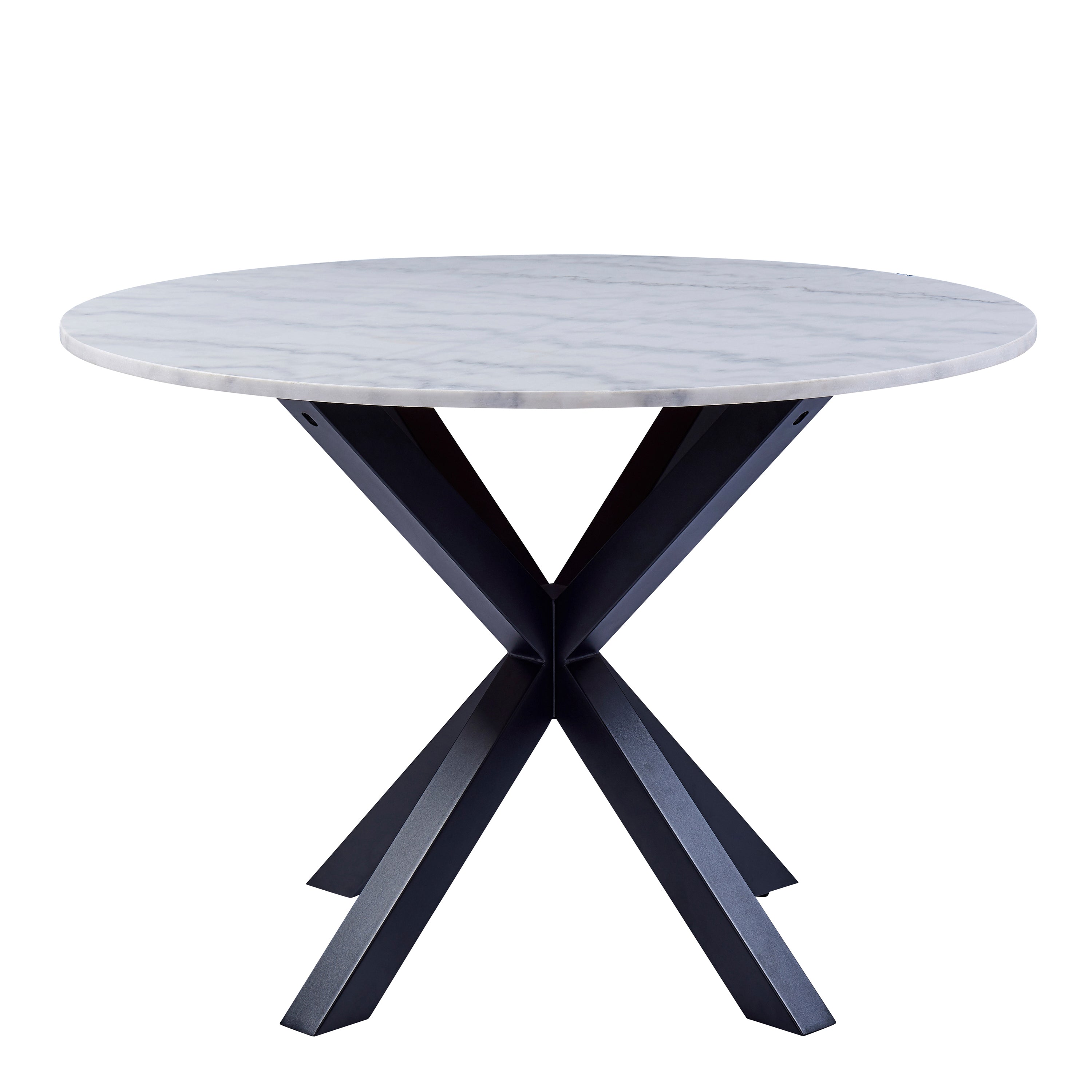 Heaven Round Dining Table with White Polished Marble Top 110cm includes 4 I_Oregon Dining Chairs In Black with Cream Stitching