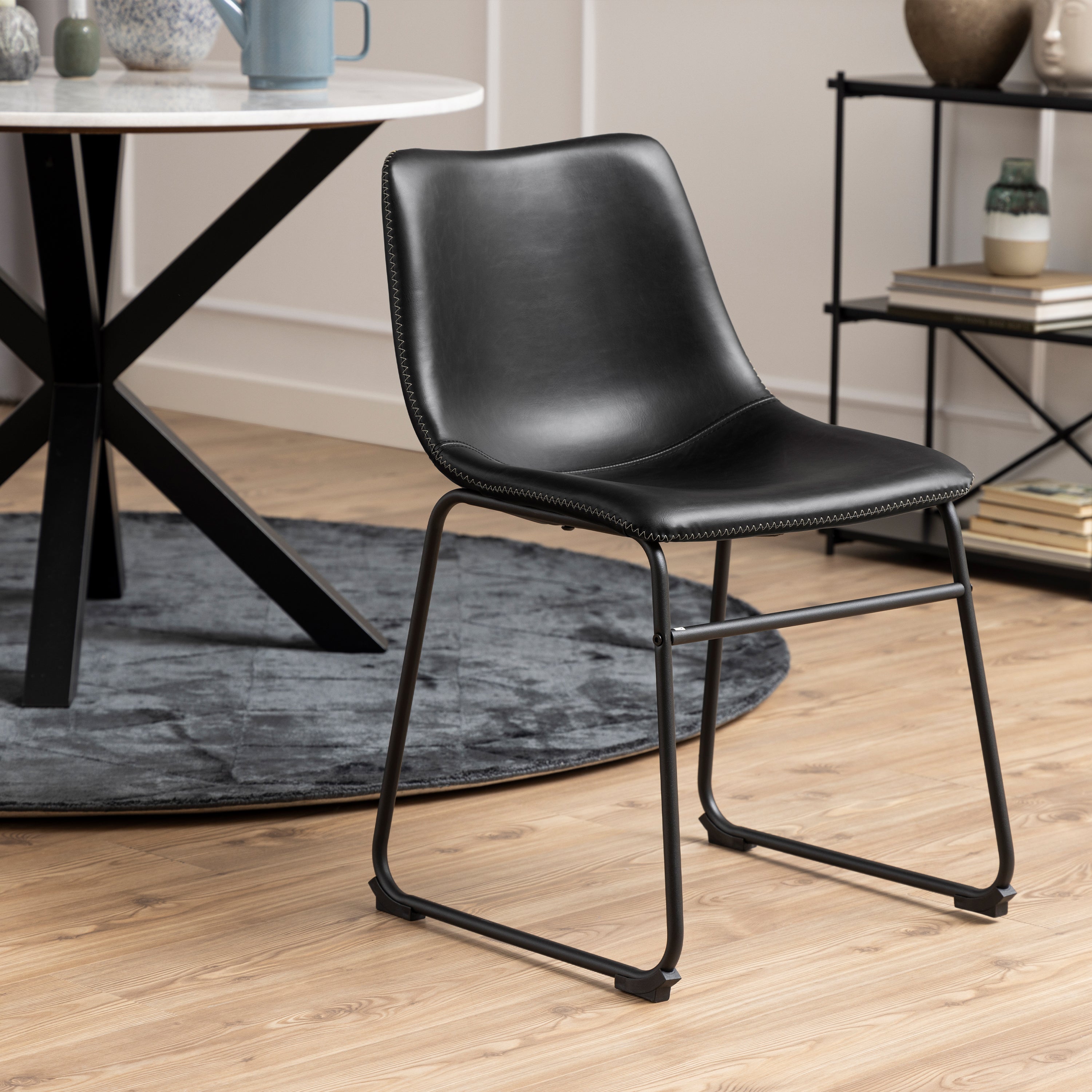 Heaven Round Dining Table with White Polished Marble Top 110cm includes 4 I_Oregon Dining Chairs In Black with Cream Stitching