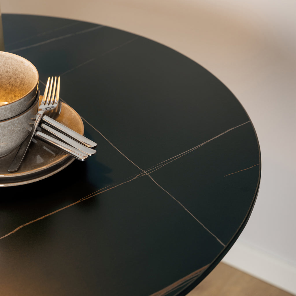 Malta Ceramic Round Dining Table in Black 90cm includes 4 Celia Dining Chairs in Light Grey