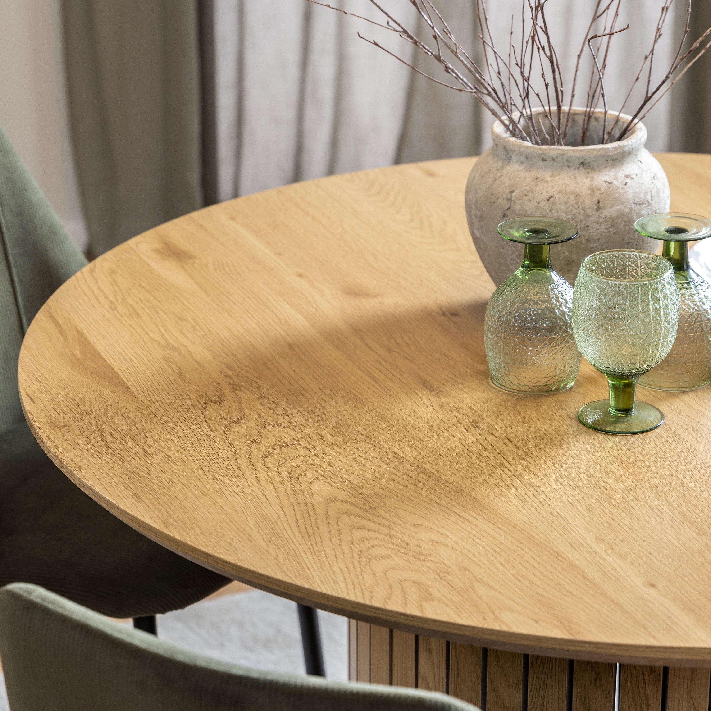 Yale Dining Table in Oak 120cm includes 4 Ines Dining Chairs in Olive Green