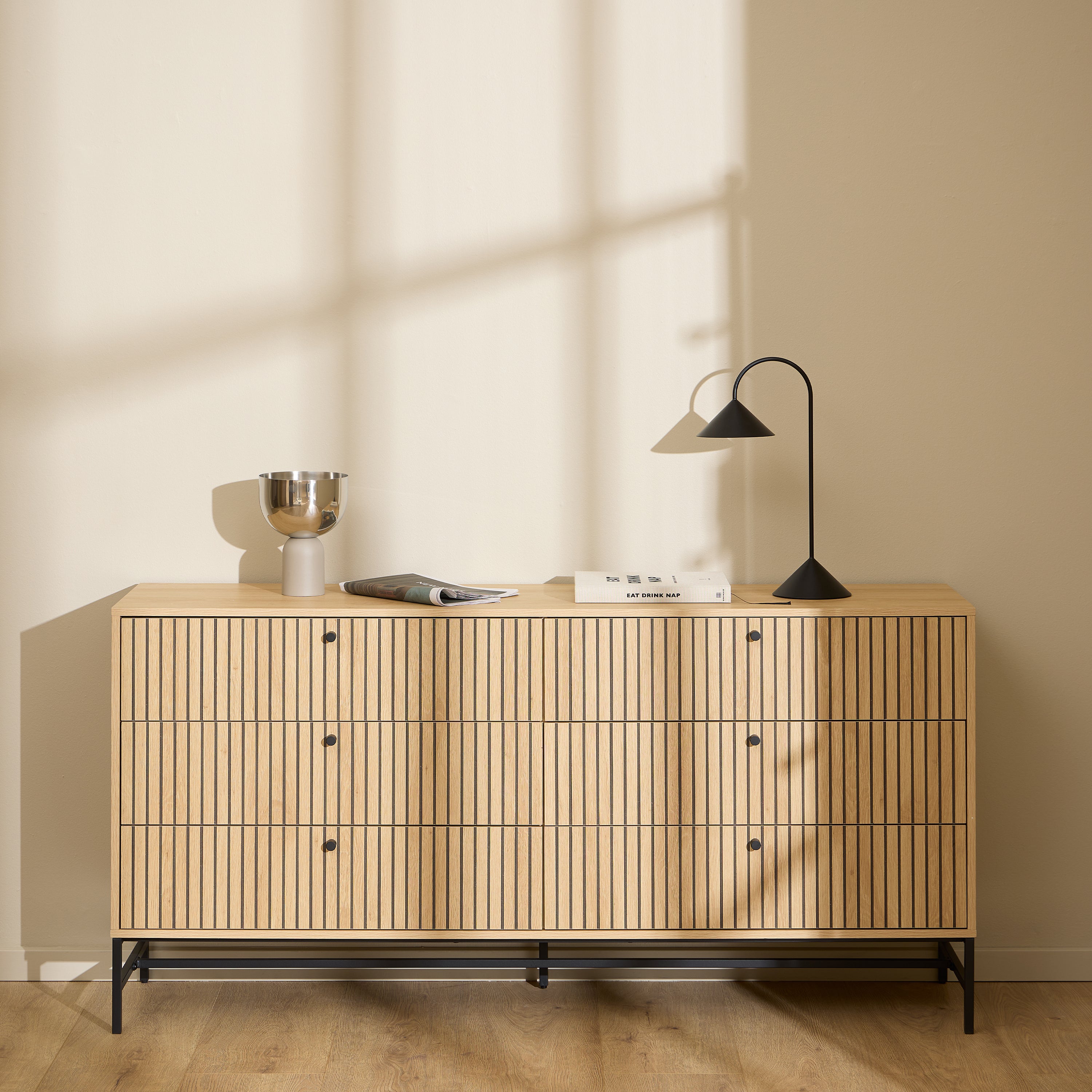 Albany Wide Chest of 6 Drawers in Oak/Black Legs