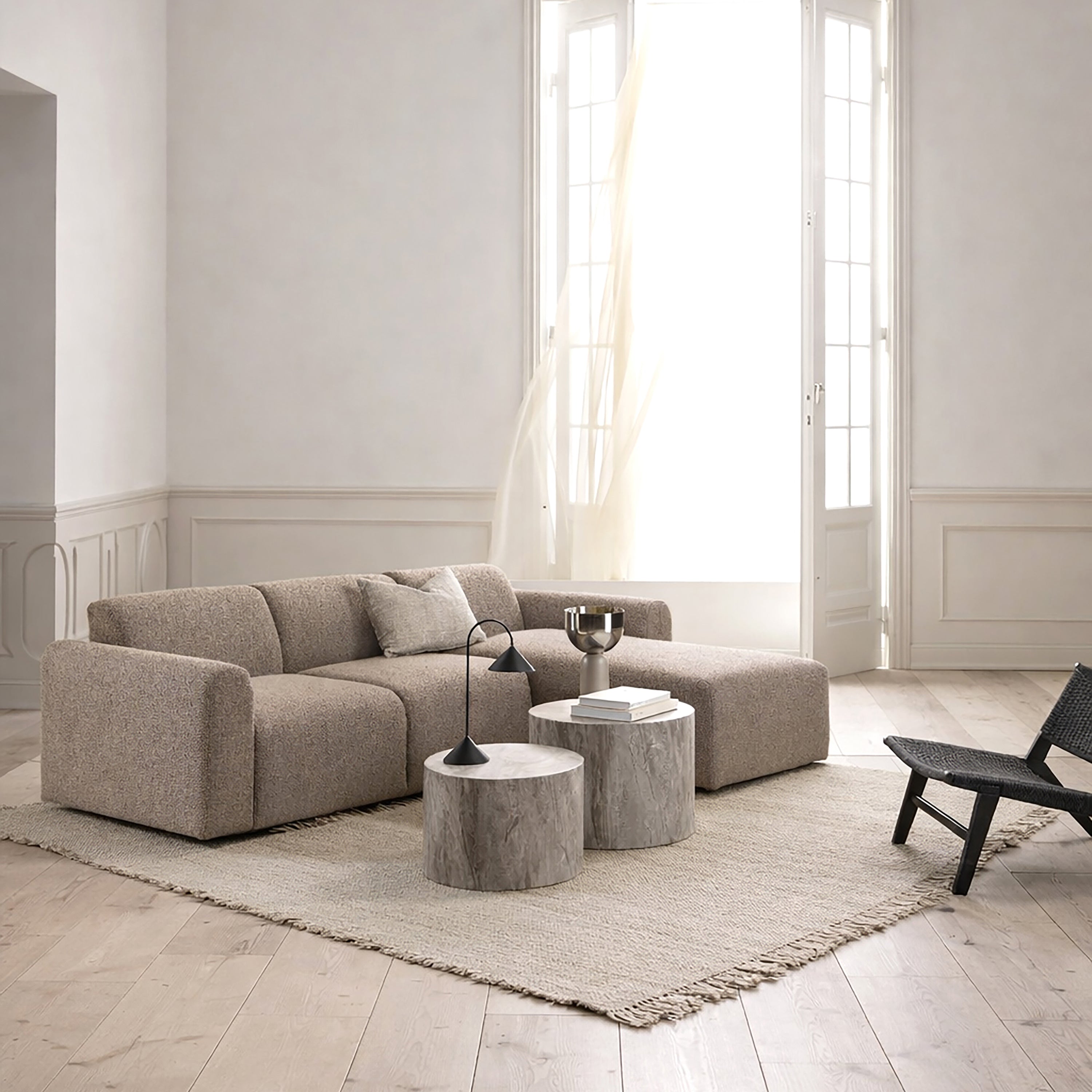 Midfield Right Hand Facing 2 Seater Chaise Longue in Boucle Beige Fabric