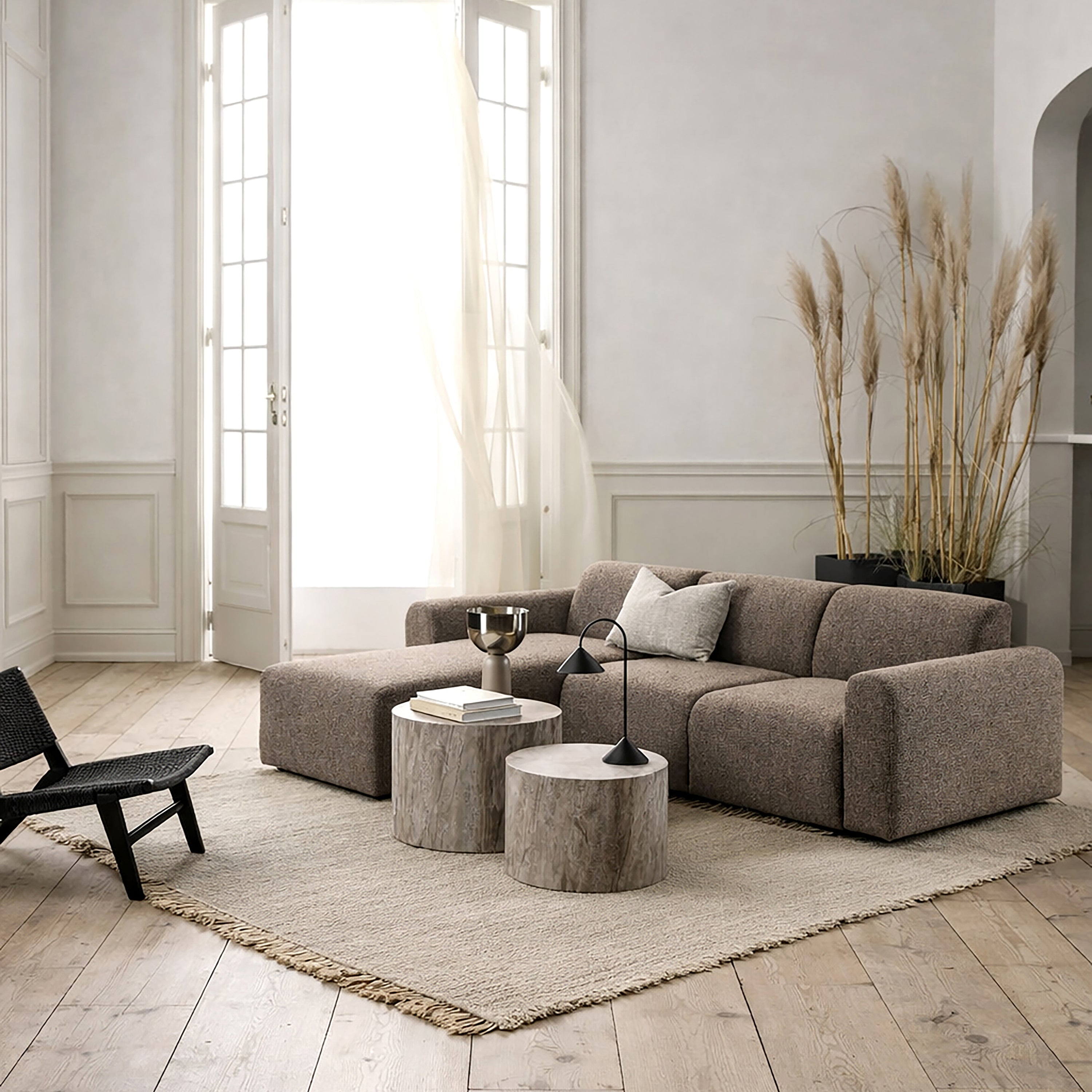 Midfield Right Hand Facing 2 Seater Chaise Longue in Boucle Taupe Fabric