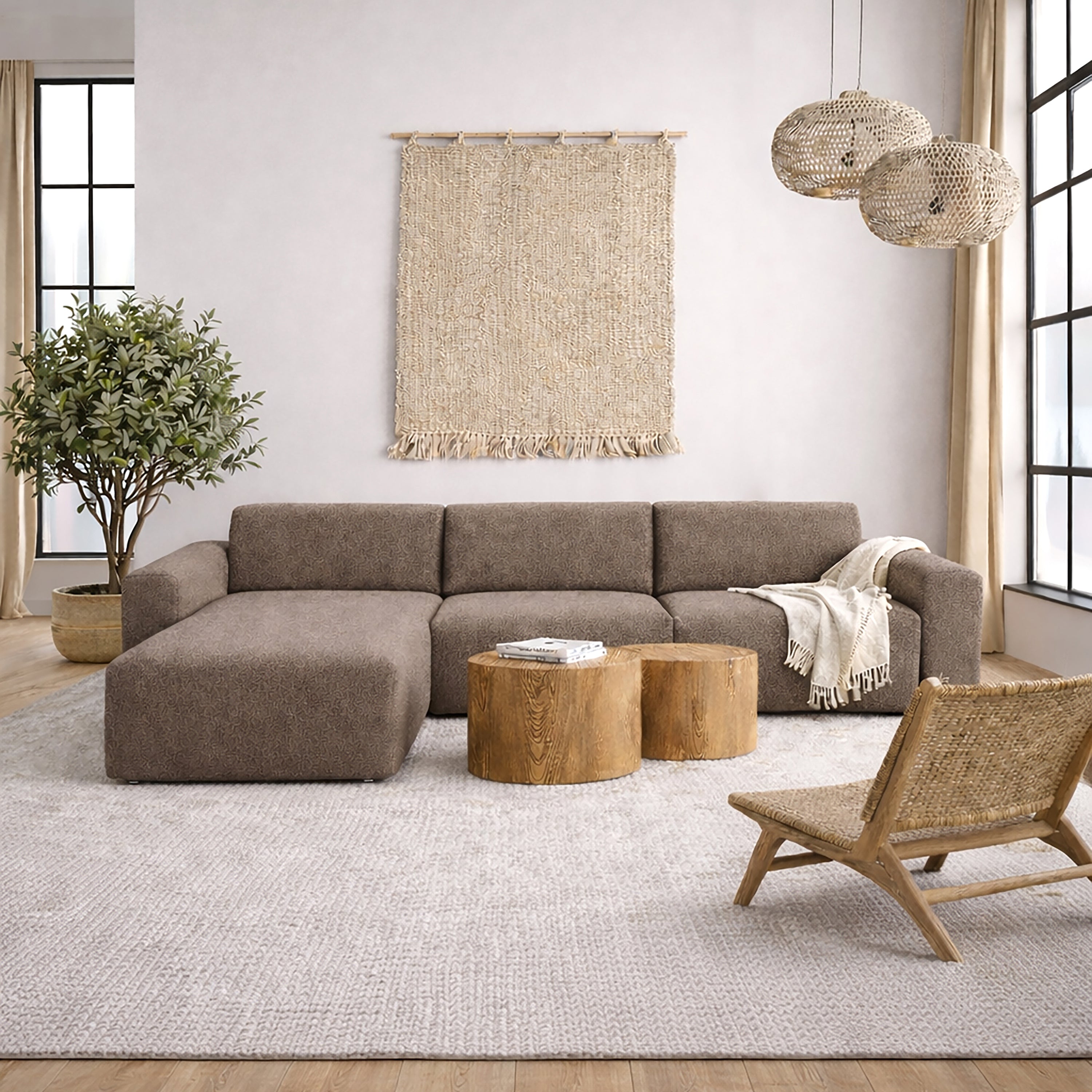 Midfield Right Hand Facing 2 Seater Chaise Longue in Boucle Taupe Fabric