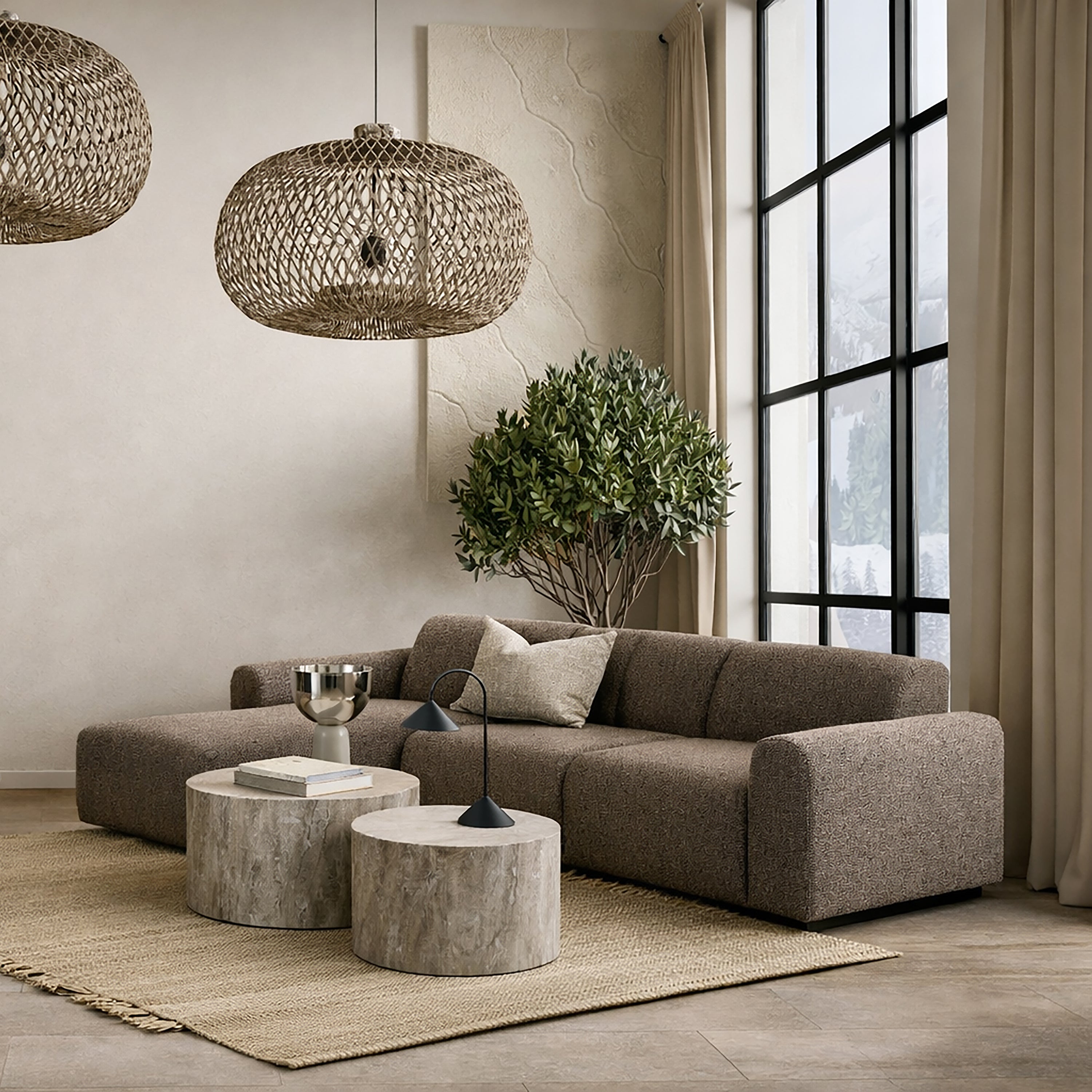 Midfield Right Hand Facing 2 Seater Chaise Longue in Boucle Taupe Fabric