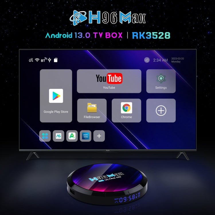 H96 Max 8K RK3528 4GB+64GB UK Plug Ultra HD Smart TV Box Android 13.0 Media Player with Remote Control, Quad-Core,