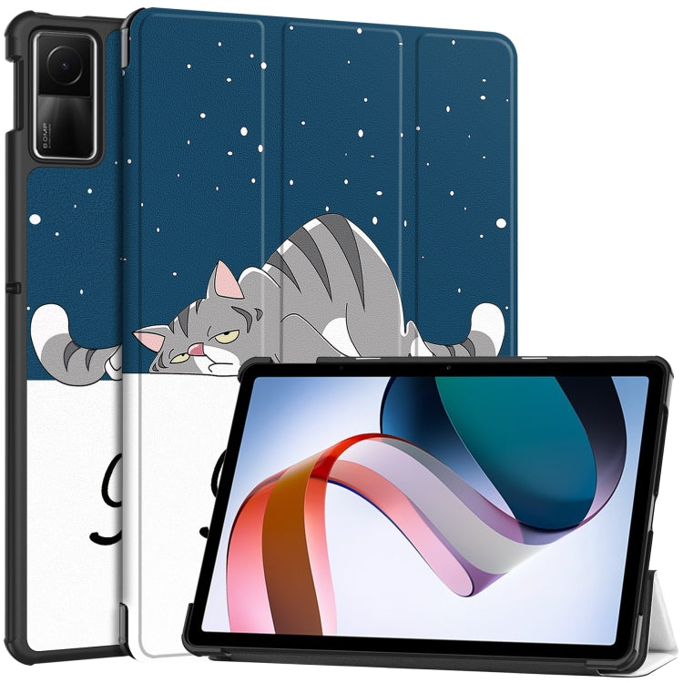 For Xiaomi Redmi Pad SE Custer Painted 3-Fold Holder Smart Leather Tablet Case(Lazy Cat)
