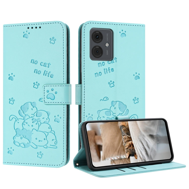 Embossed Kitten Phone Leather Case with Lanyard, For Motorola Moto G35, For Motorola Moto G55, For Motorola Moto G04 / G24 / G04s, For Motorola Moto G85