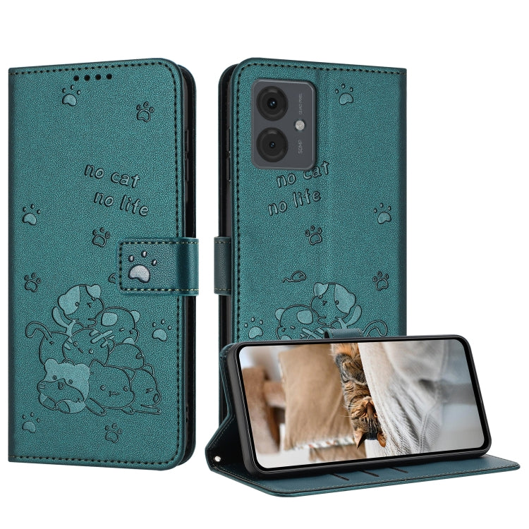 Embossed Kitten Phone Leather Case with Lanyard, For Motorola Moto G35, For Motorola Moto G55, For Motorola Moto G04 / G24 / G04s, For Motorola Moto G85