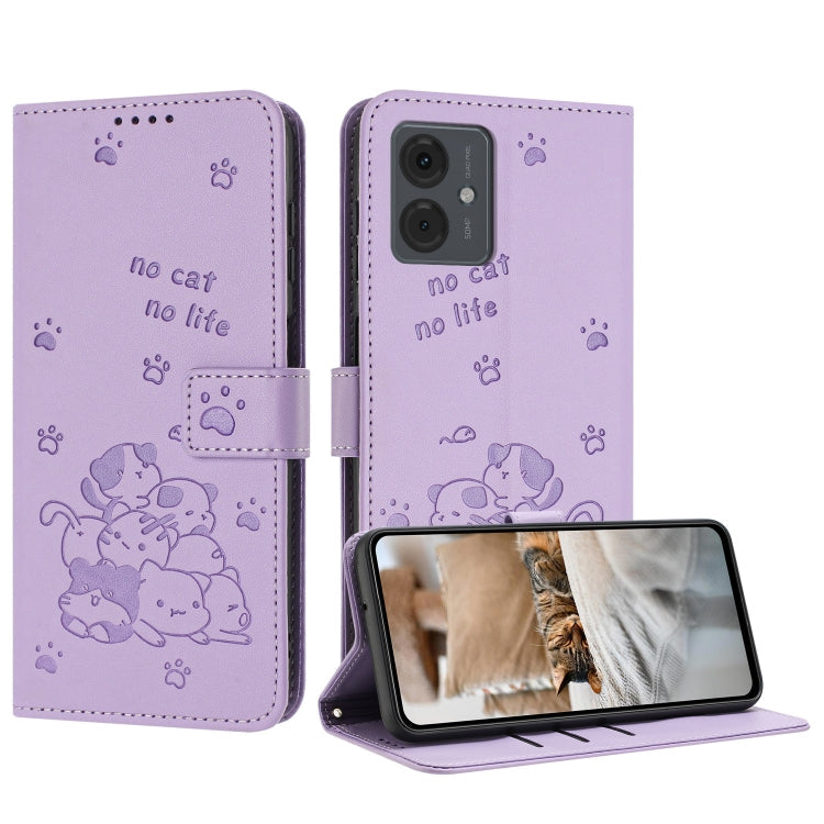 Embossed Kitten Phone Leather Case with Lanyard, For Motorola Moto G Power 5G 2024, For Motorola Moto G84, For Motorola Edge 40 Neo, For Motorola Moto G14