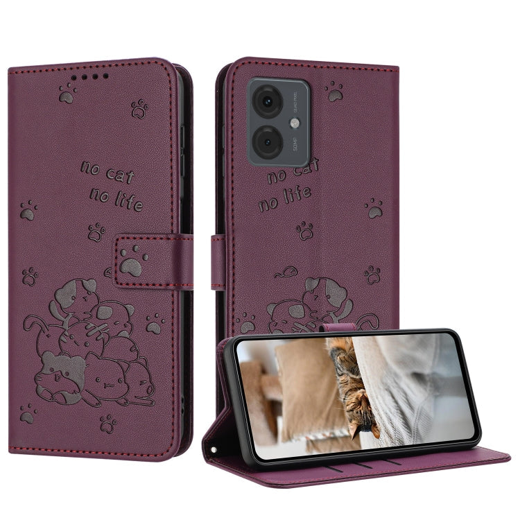 Embossed Kitten Phone Leather Case with Lanyard, For Motorola Moto G Power 5G 2024, For Motorola Moto G84, For Motorola Edge 40 Neo, For Motorola Moto G14