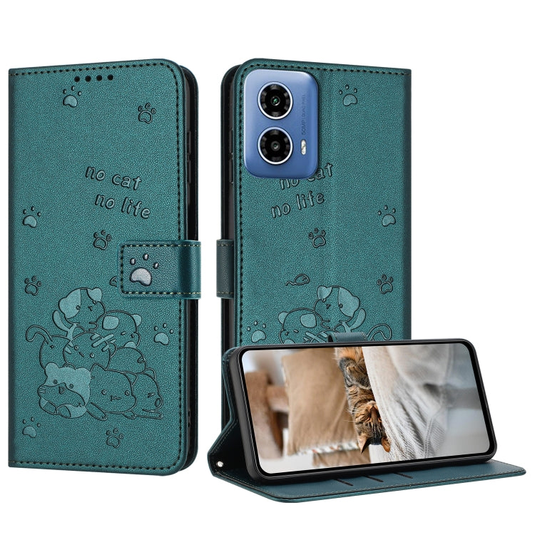 Embossed Kitten Phone Leather Case with Lanyard, For Motorola Moto G35, For Motorola Moto G55, For Motorola Moto G04 / G24 / G04s, For Motorola Moto G85