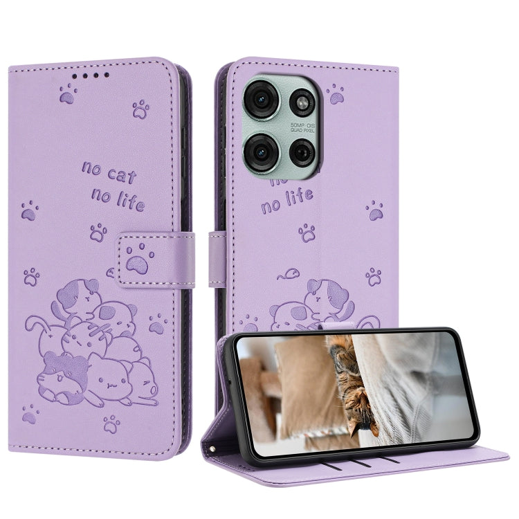 Embossed Kitten Phone Leather Case with Lanyard, For Motorola Moto G 5G 2025, For Motorola Moto G Power / G Play 2025, For Motorola Moto G75, For Motorola Moto S50 / Edge 50 Neo