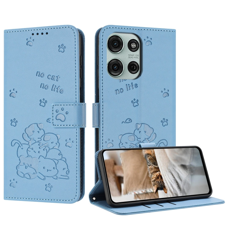 Embossed Kitten Phone Leather Case with Lanyard, For Motorola Moto G 5G 2025, For Motorola Moto G Power / G Play 2025, For Motorola Moto G75, For Motorola Moto S50 / Edge 50 Neo