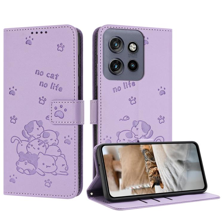 Embossed Kitten Phone Leather Case with Lanyard, For Motorola Edge 60 Fusion, For Motorola Moto G Stylus 5G 2025, For Motorola Moto G05, For Motorola Moto G15