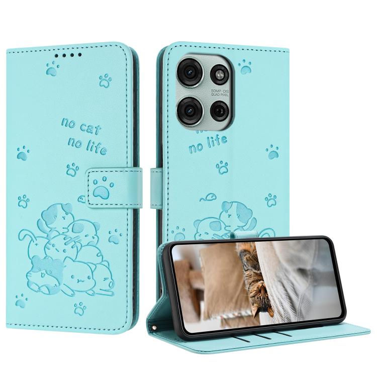 Embossed Kitten Phone Leather Case with Lanyard, For Motorola Moto G06 4G, For Motorola Moto G86 5G, For Motorola Moto G56 5G, For Motorola Edge 60 Pro