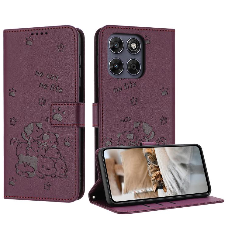 Embossed Kitten Phone Leather Case with Lanyard, For Motorola Moto G67 / G77 5G, For Motorola Edge 70 Fusion 5G, For Motorola Moto G67 Power / G57 Power, For Motorola Edge 70 5G