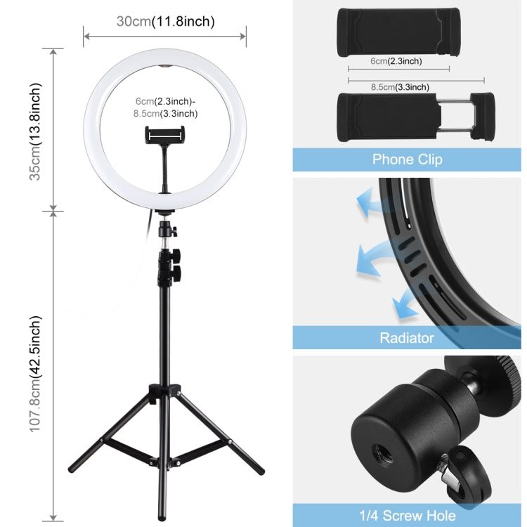 PULUZ 11.8" LED Ring Light Kit – 30cm, 1.1m Tripod, 3 Modes, Dual Color Temperature, Type-C, Phone Clamp (Black)