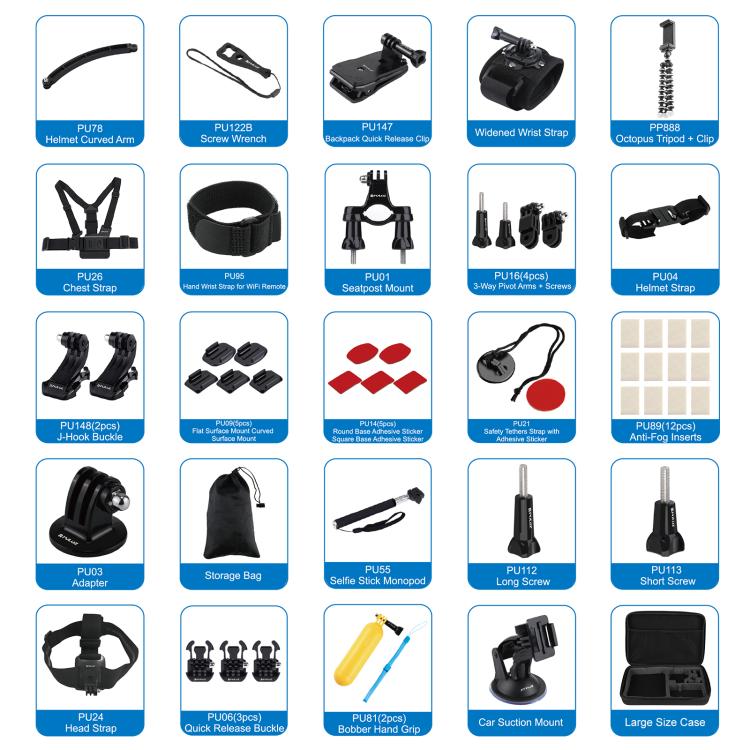 PULUZ 50 in 1 Accessories Total Ultimate Combo Kits with EVA Case (Chest Strap + Suction Cup Mount + 3-Way Pivot Arms + J-Hook Buckle + Wrist Strap + Helmet Strap + Extendable Monopod + Surface Mounts + Tripod Adapters + Storage Bag + Handlebar Mount) ...
