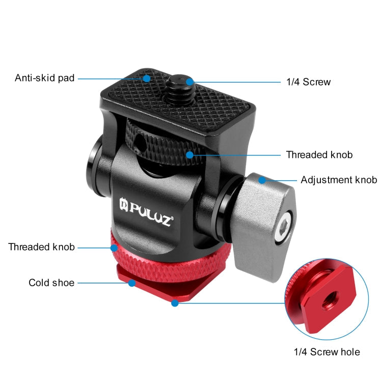 PULUZ Mini 180 Degree Swing Tripod Ball Head Cold Shoe Mount Adapter, Mini 180 Degree Ball Head(Red), Mini 180 Degree Ball Head(Silver)